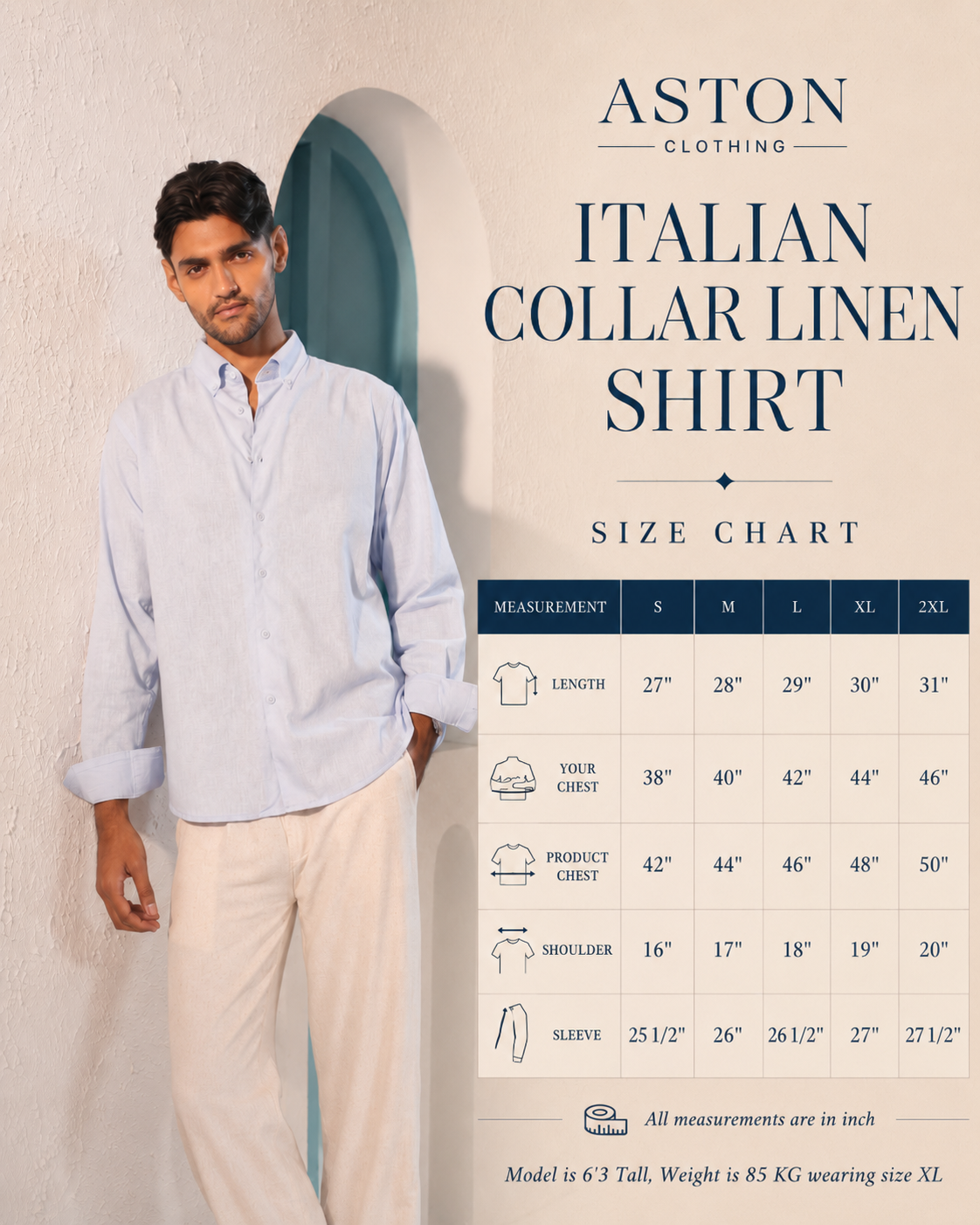 Italian Collar Linen Shirt - Sky Blue