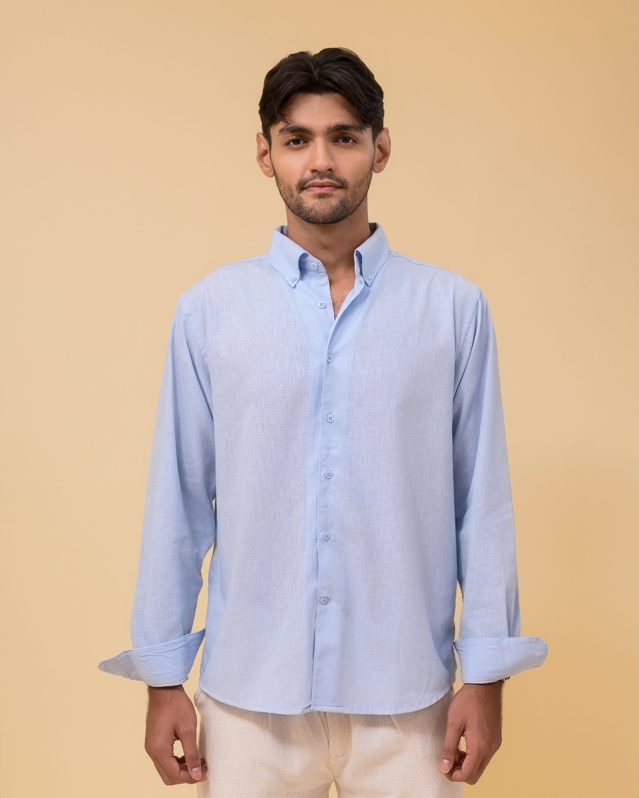 Italian Collar Linen Shirt - Sky Blue