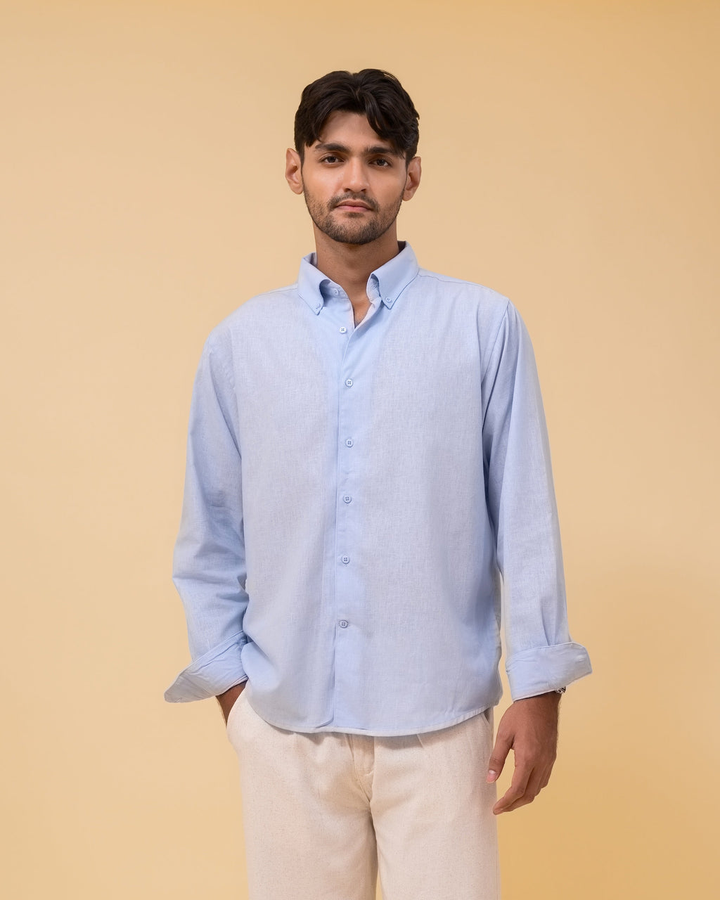 Italian Collar Linen Shirt - Sky Blue