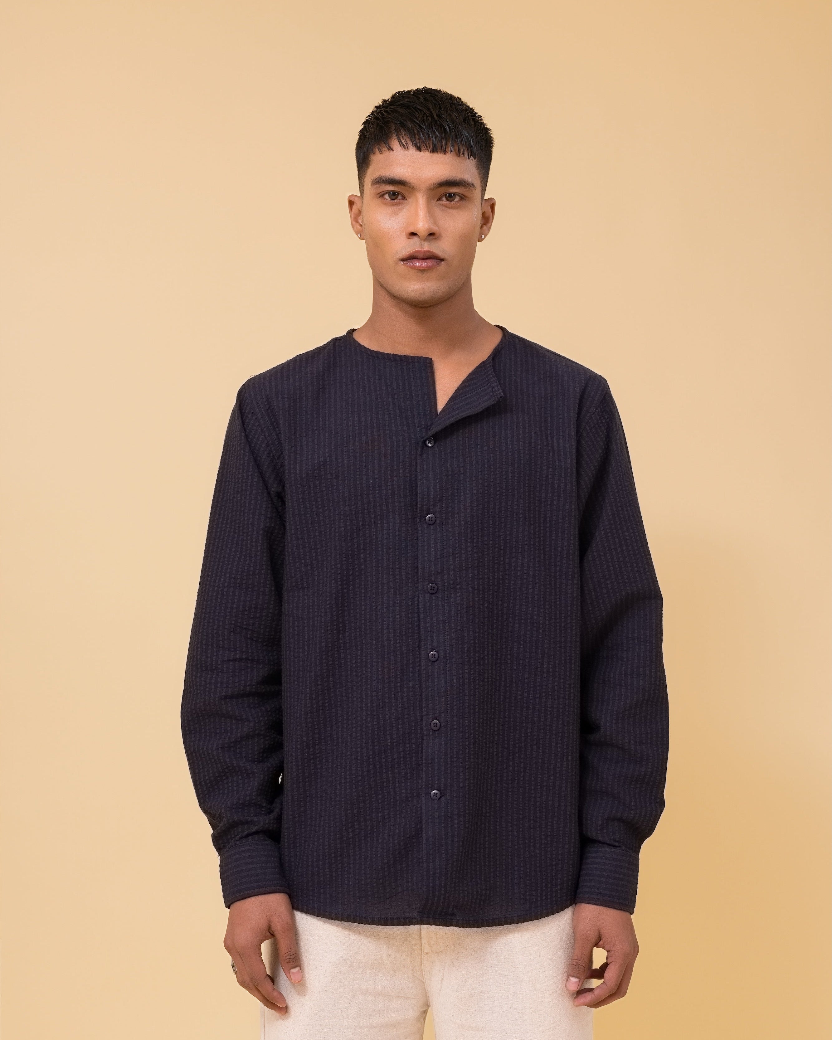 Riviera Collarless Shirt - Midnight Blue