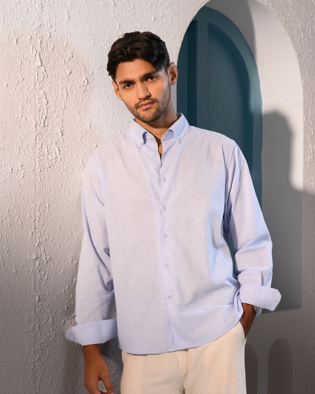 Italian Collar Linen Shirt - Sky Blue