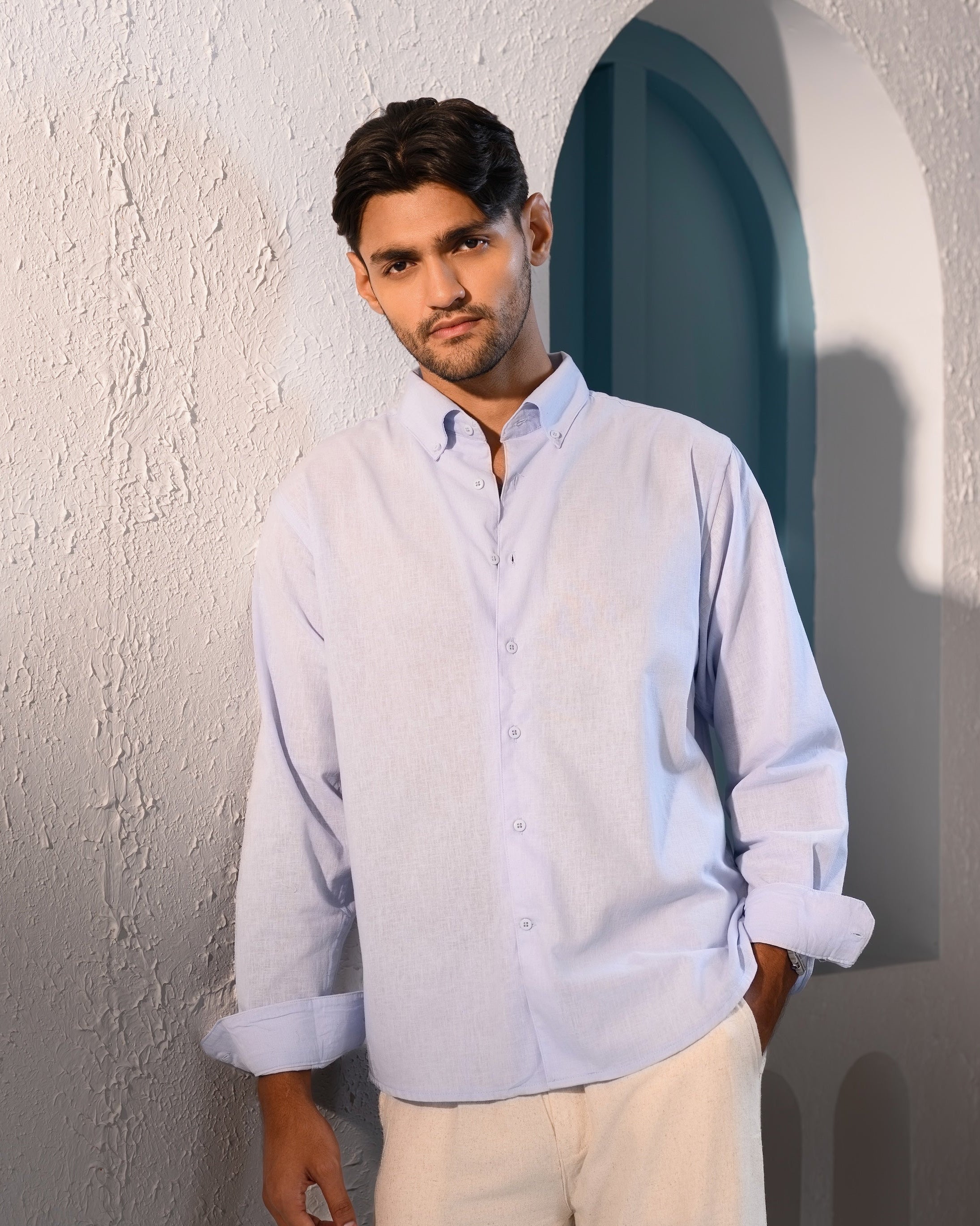 Italian Collar Linen Shirt - Sky Blue