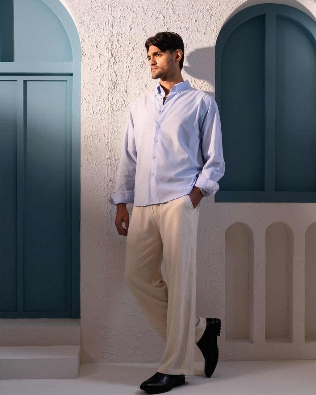 Italian Collar Linen Shirt - Sky Blue
