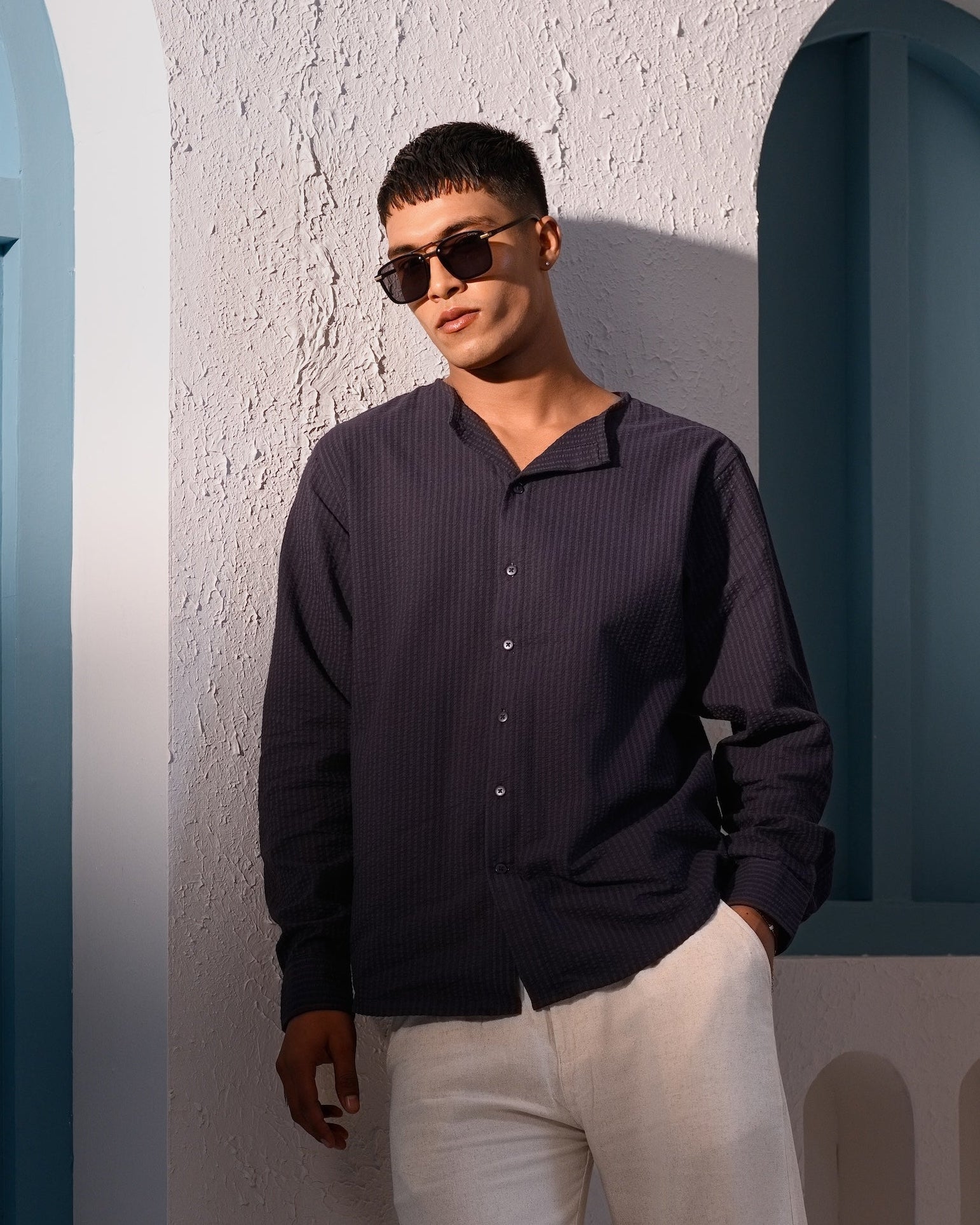 Riviera Collarless Shirt - Midnight Blue