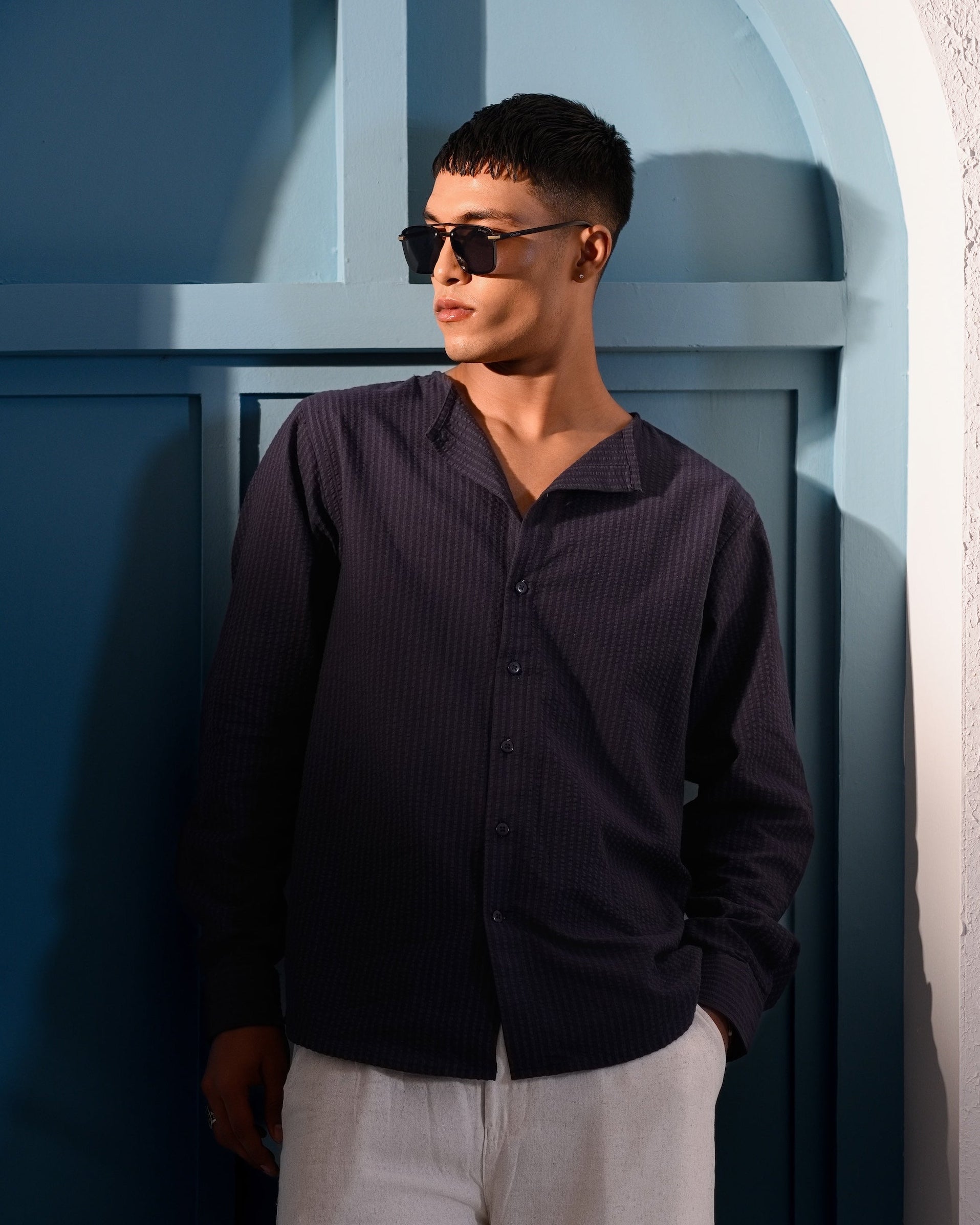 Riviera Collarless Shirt - Midnight Blue