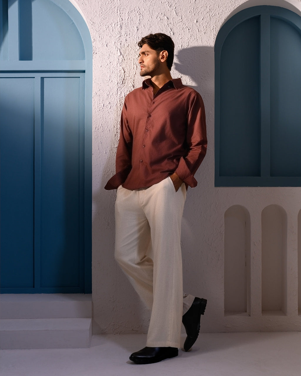 Italian Collar Linen Shirt - Mocha Brown