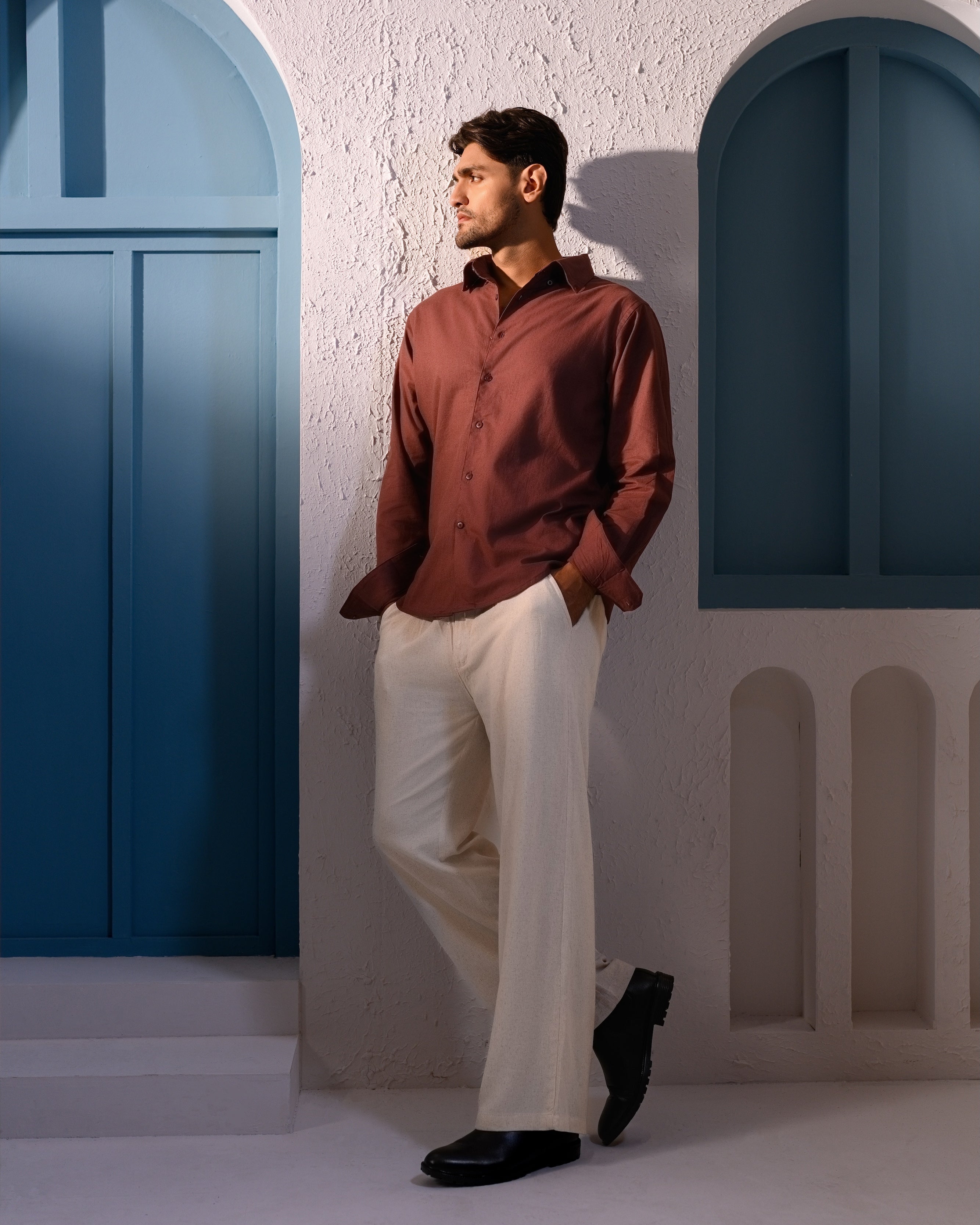 Italian Collar Linen Shirt - Mocha Brown