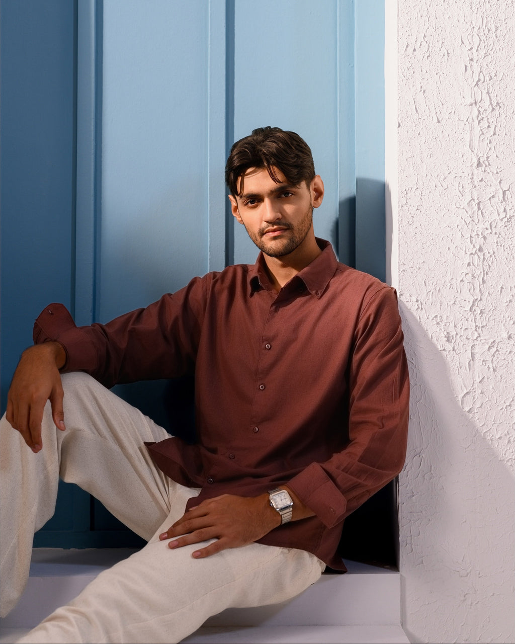 Italian Collar Linen Shirt - Mocha Brown