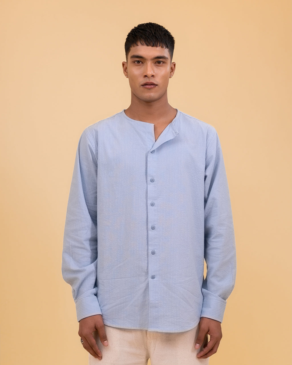 Riviera Collarless Shirt - Coastal Blue