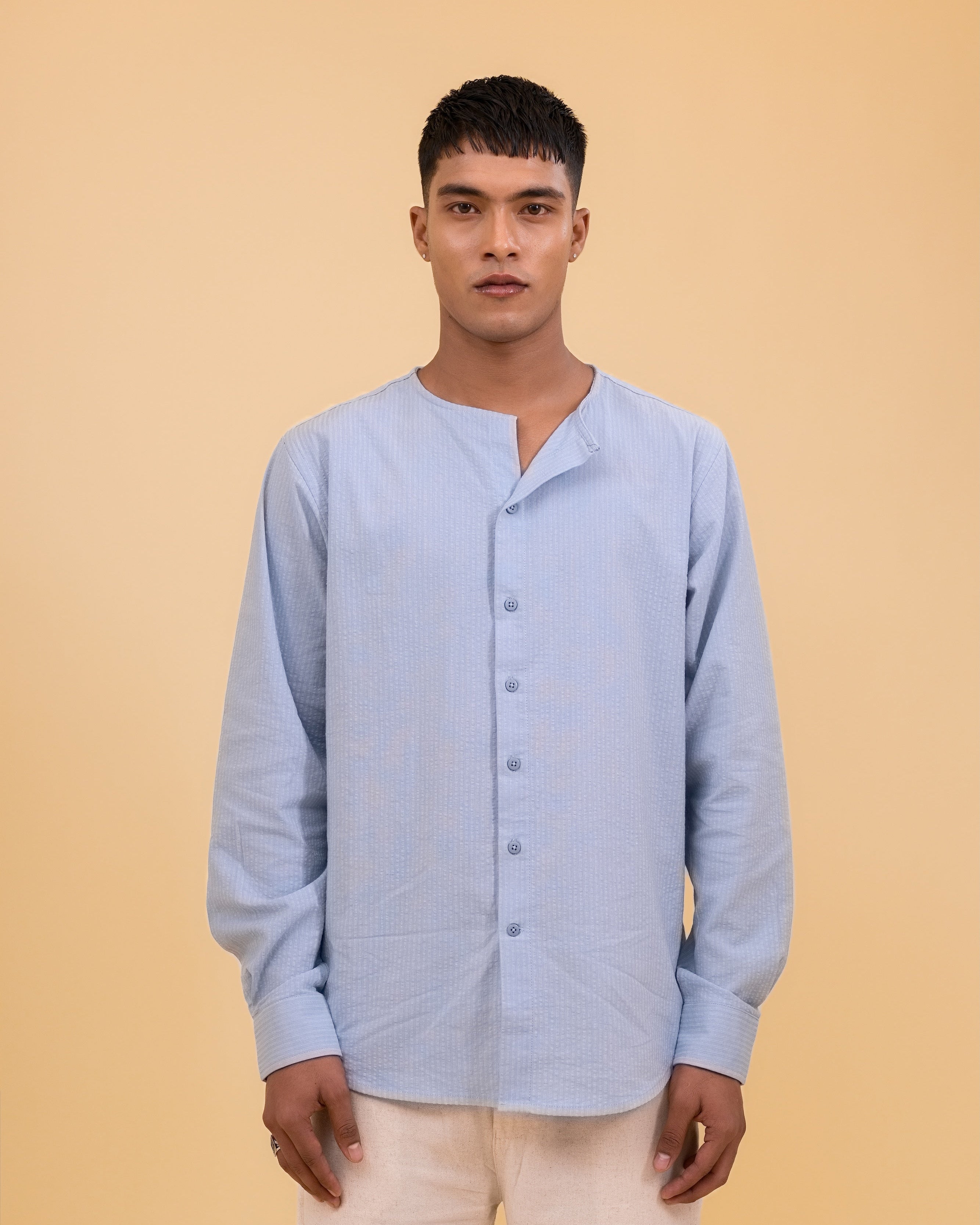 Riviera Collarless Shirt - Coastal Blue