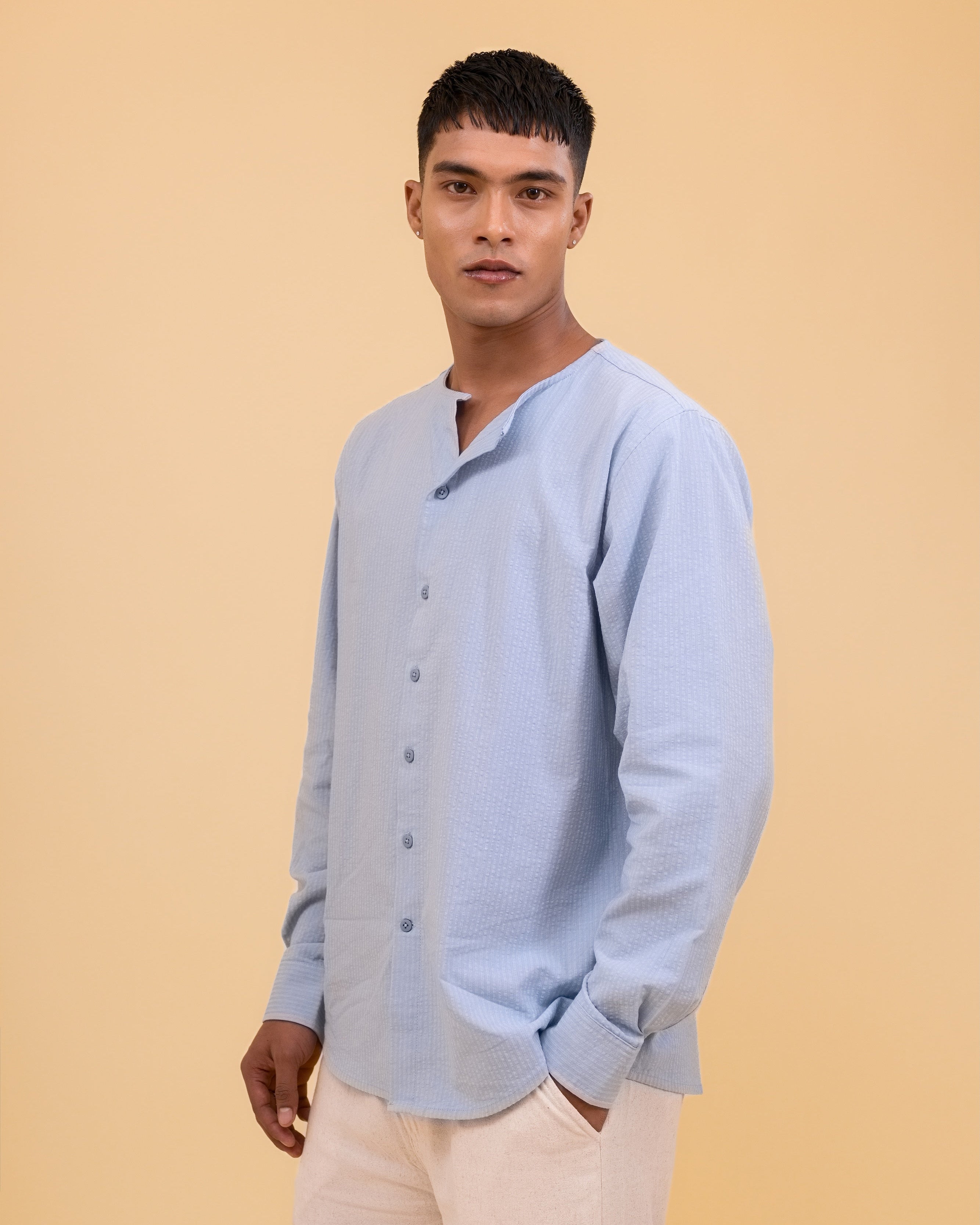 Riviera Collarless Shirt - Coastal Blue