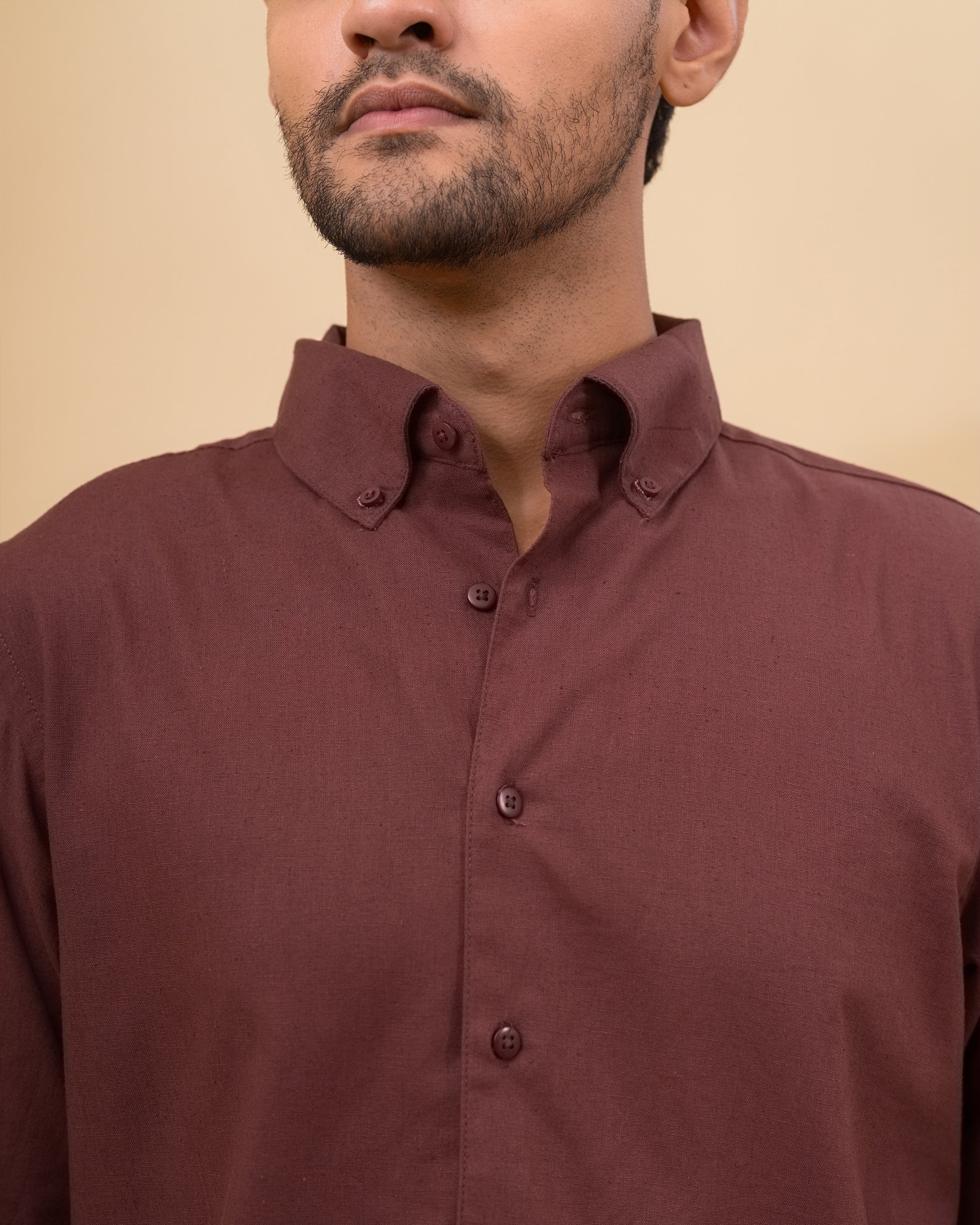 Italian Collar Linen Shirt - Mocha Brown