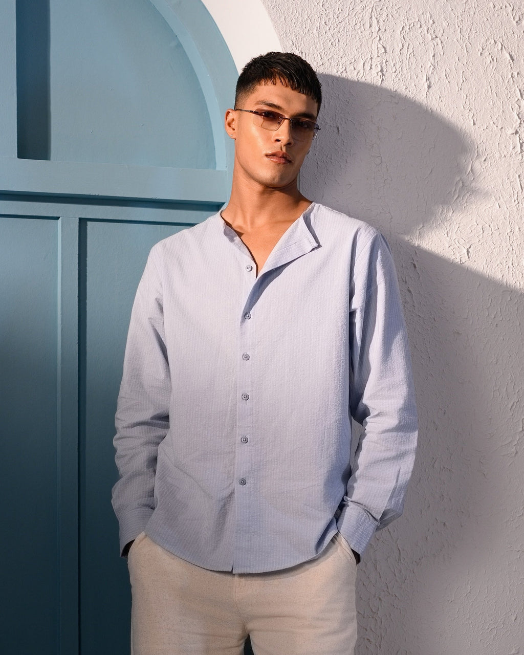 Riviera Collarless Shirt - Coastal Blue