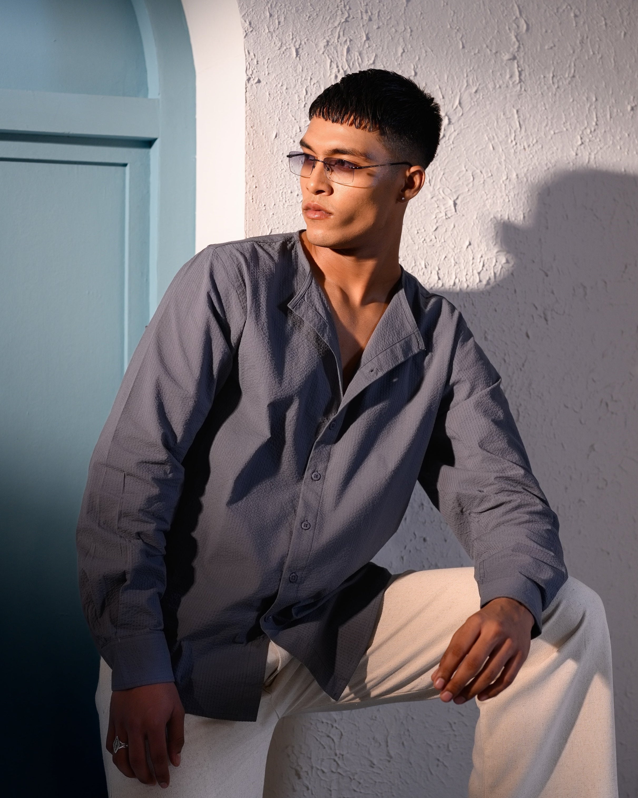 Riviera Collarless Shirt - Charcoal Grey