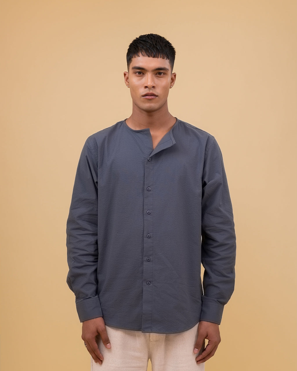 Riviera Collarless Shirt - Charcoal Grey