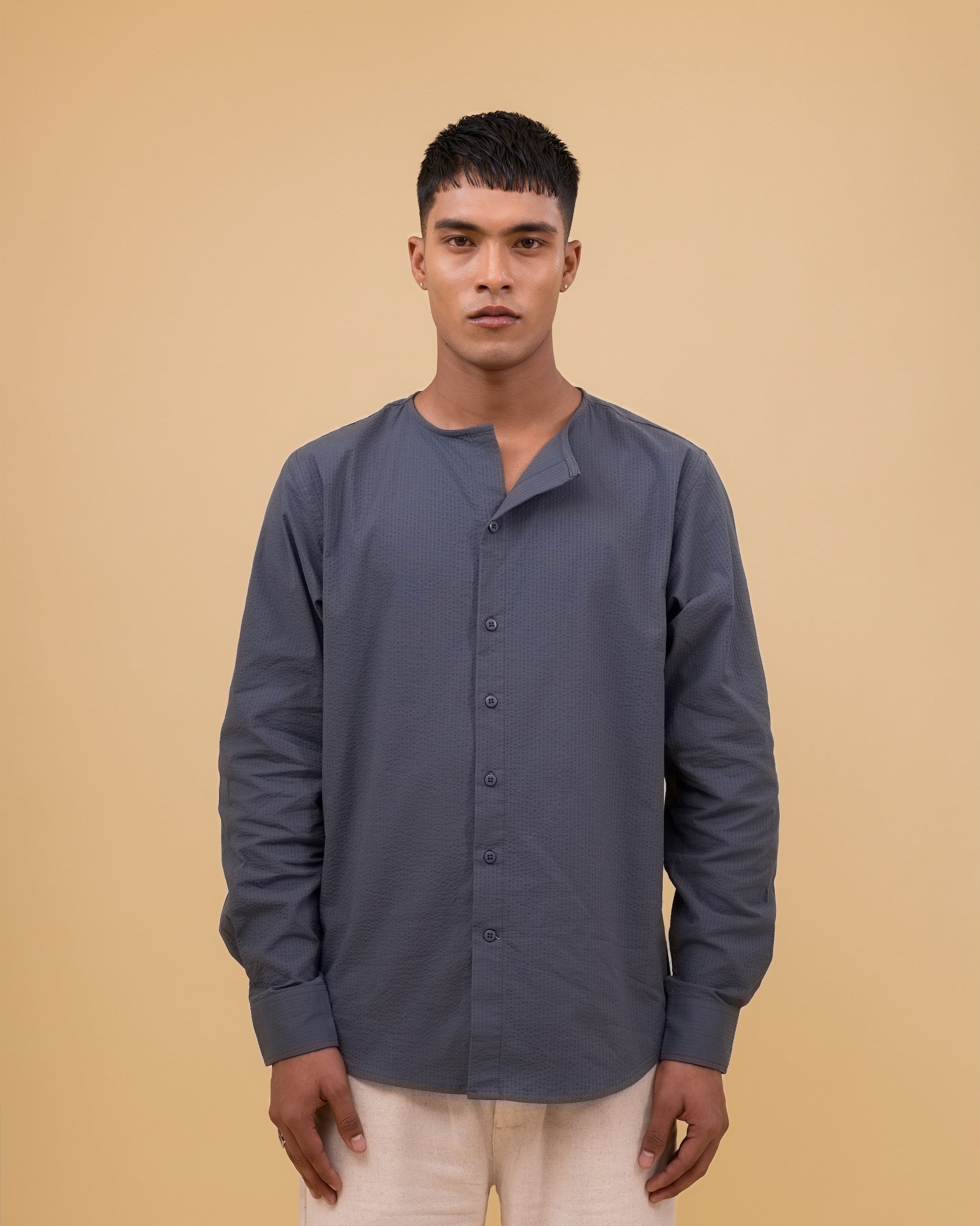 Riviera Collarless Shirt - Charcoal Grey