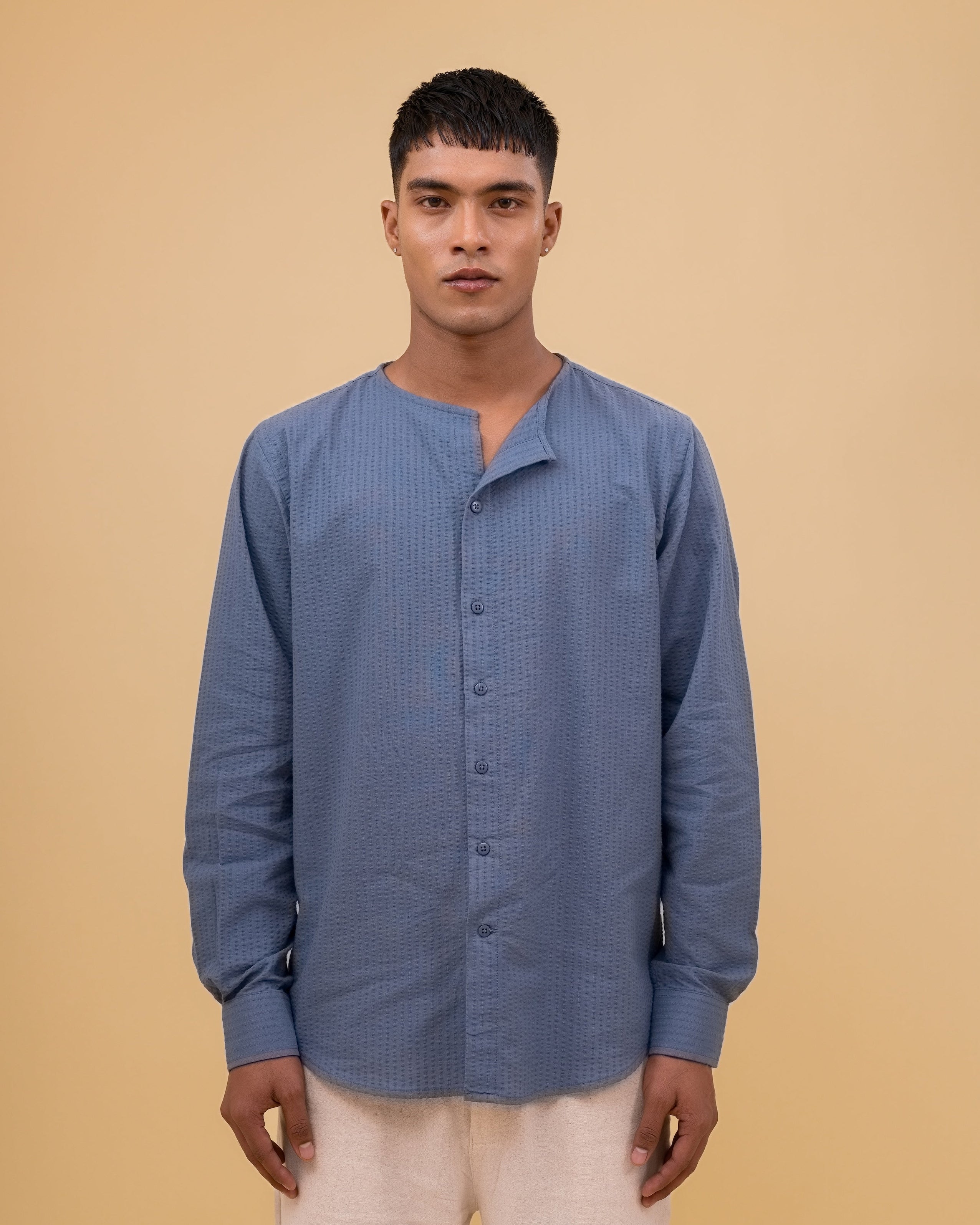 Riviera Collarless Shirt - Steel Blue