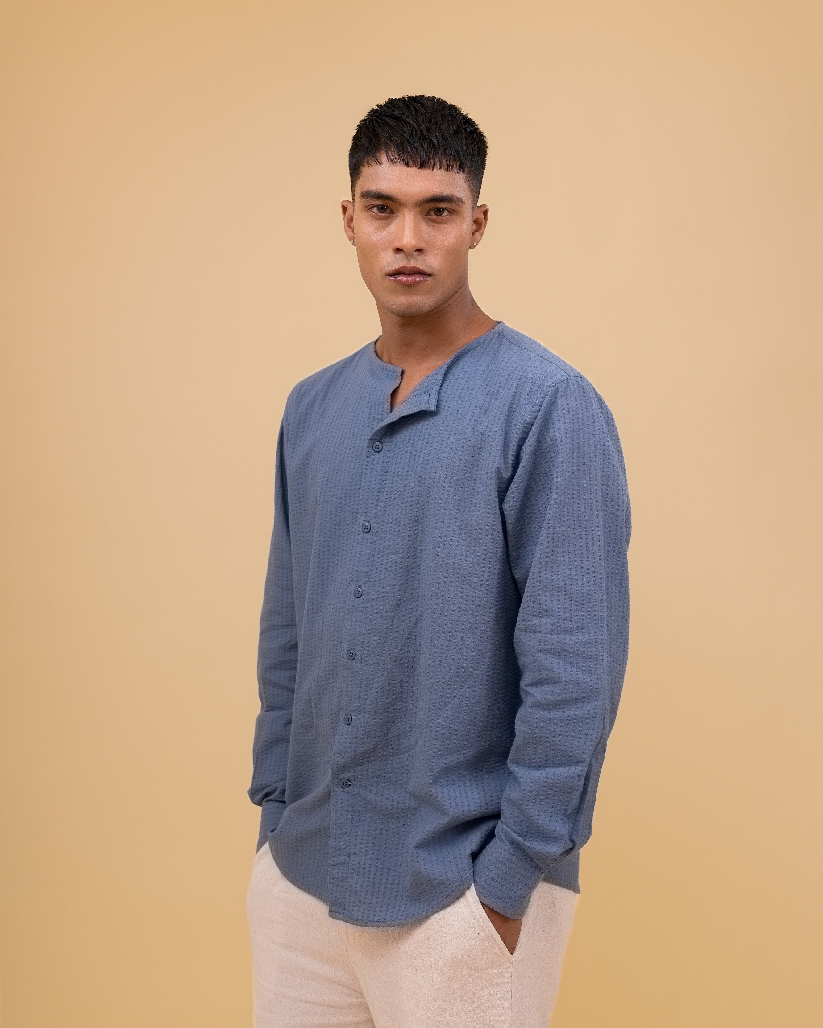 Riviera Collarless Shirt - Steel Blue