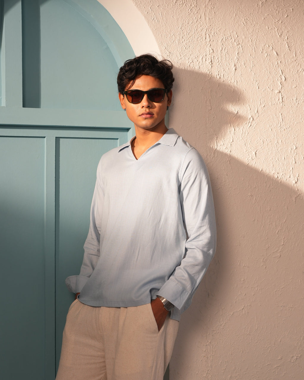 Resort Linen Henley - Sky Blue