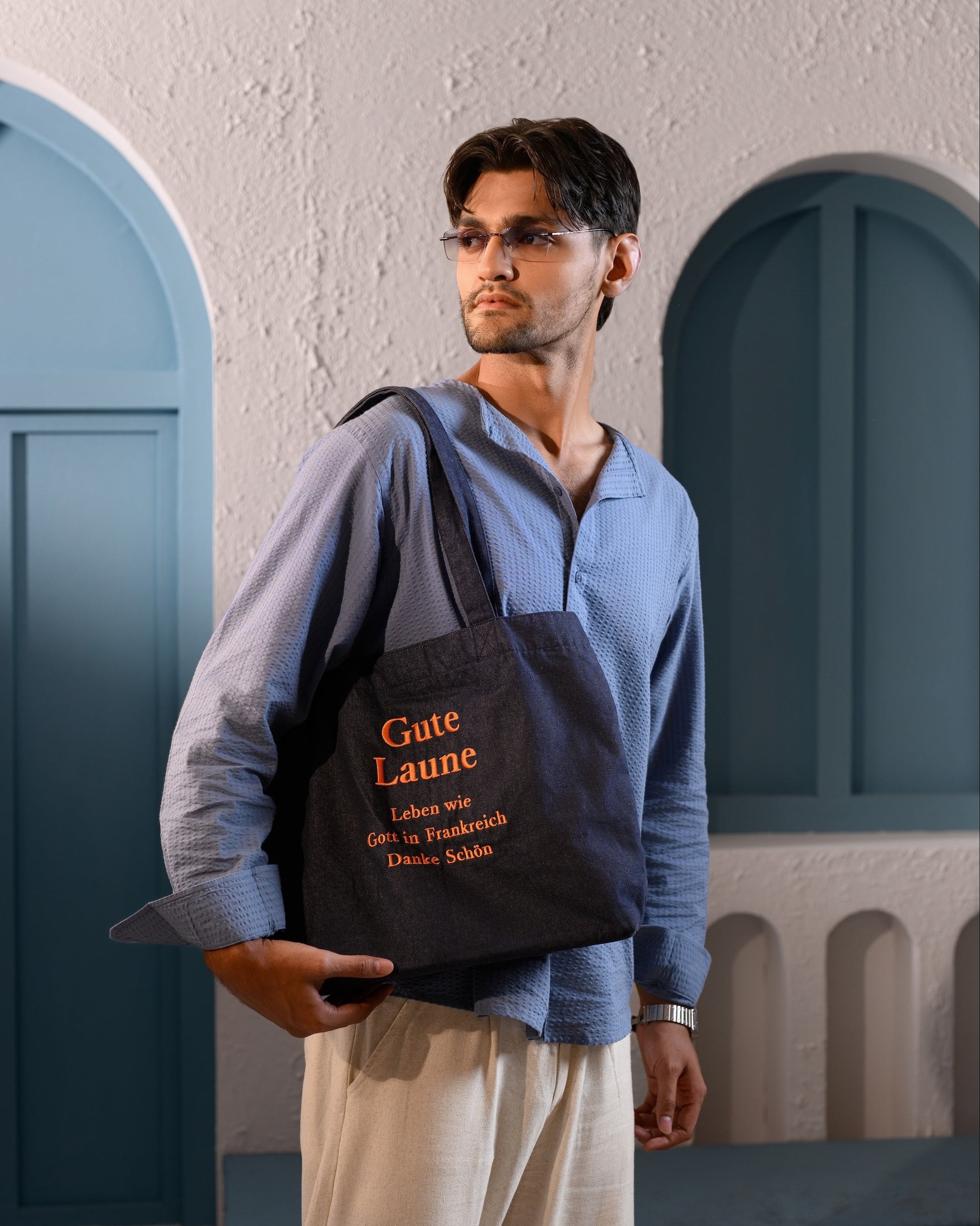 Riviera Collarless Shirt - Steel Blue