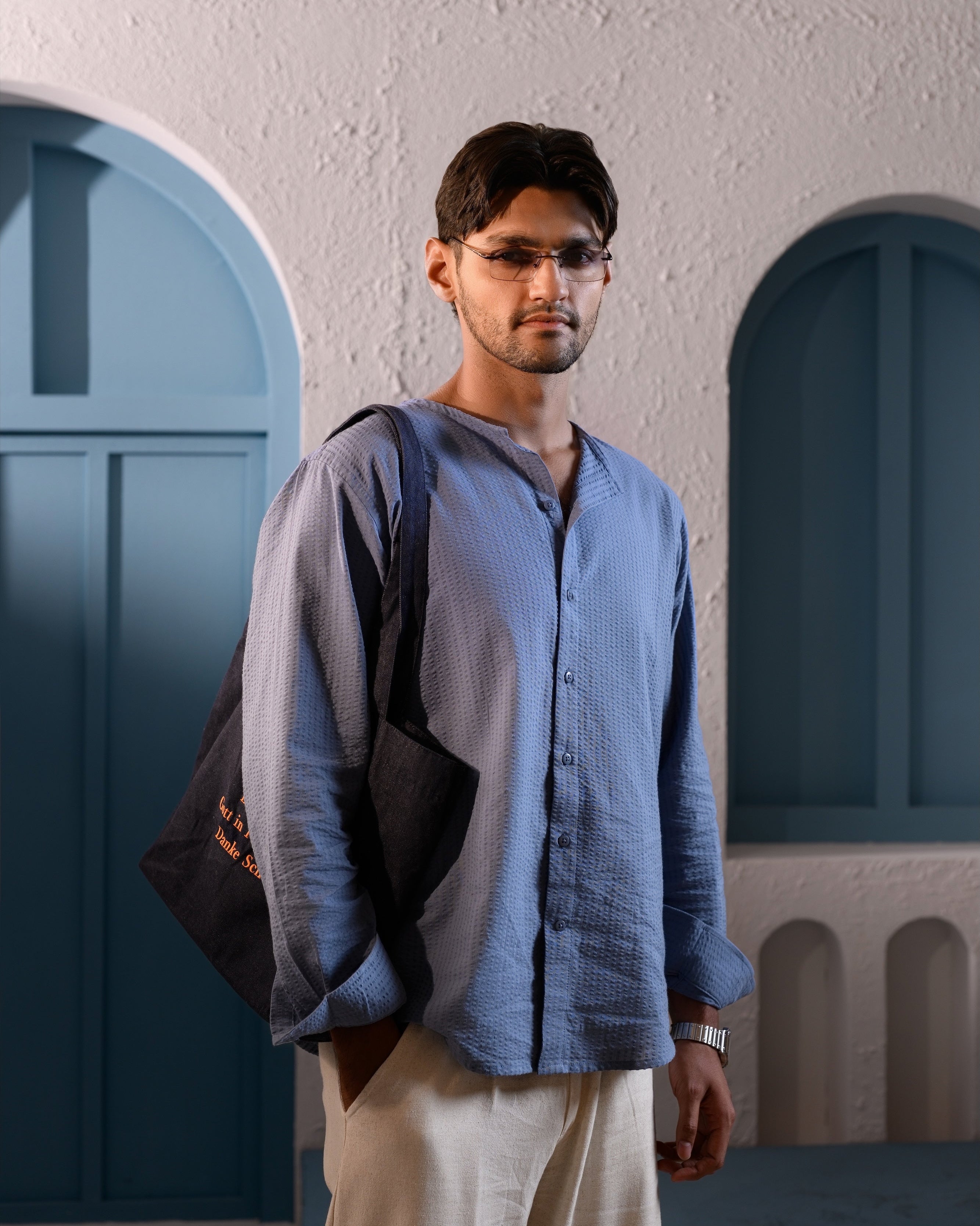 Riviera Collarless Shirt - Steel Blue