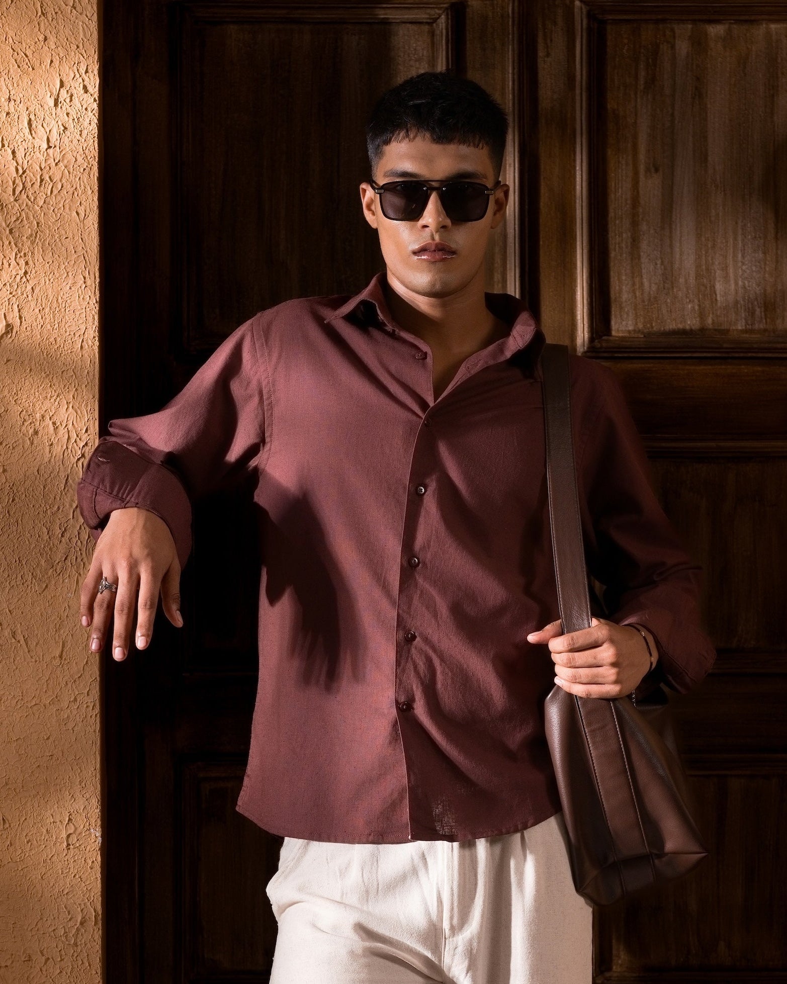 Italian Collar Linen Shirt - Mocha Brown