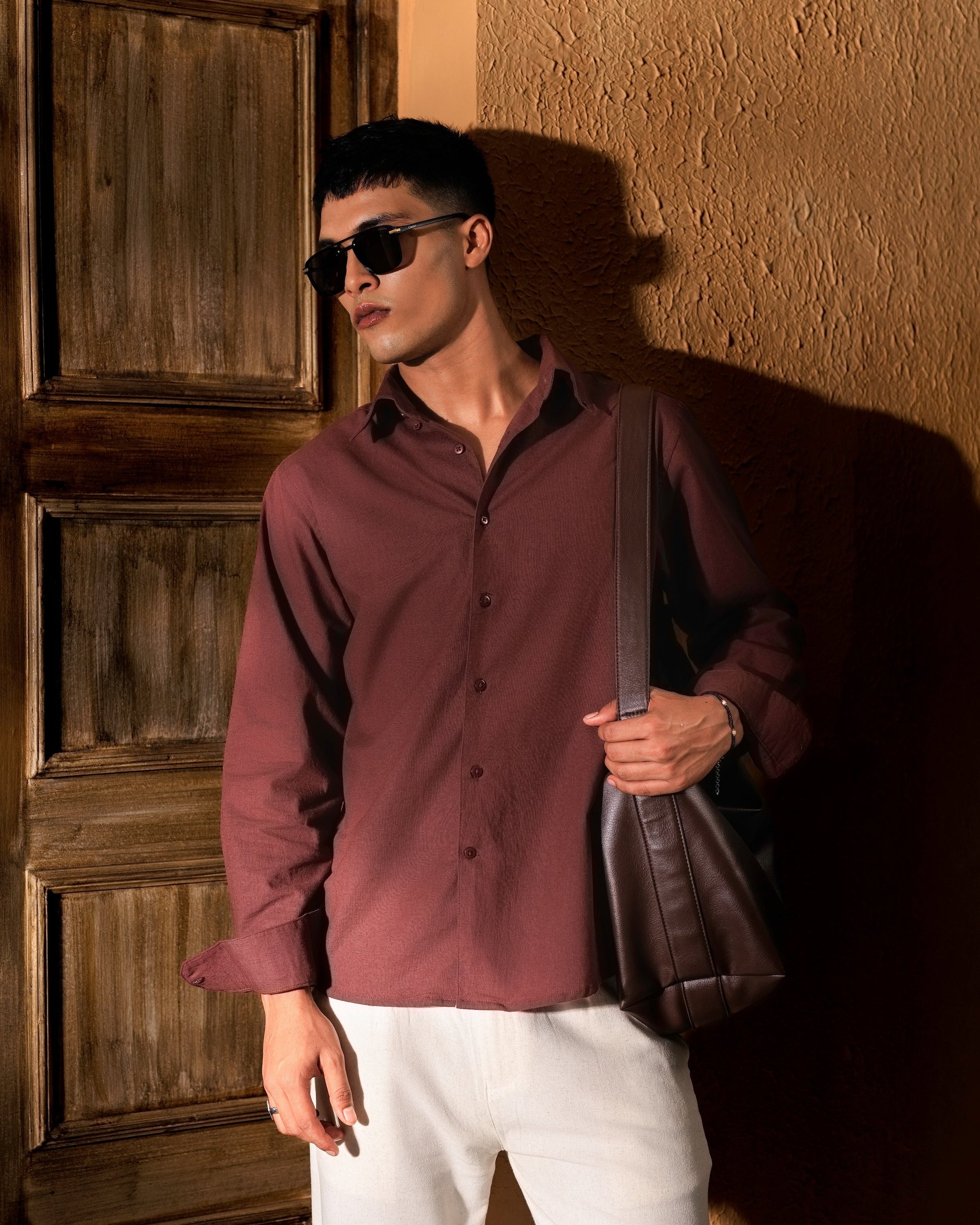 Italian Collar Linen Shirt - Mocha Brown