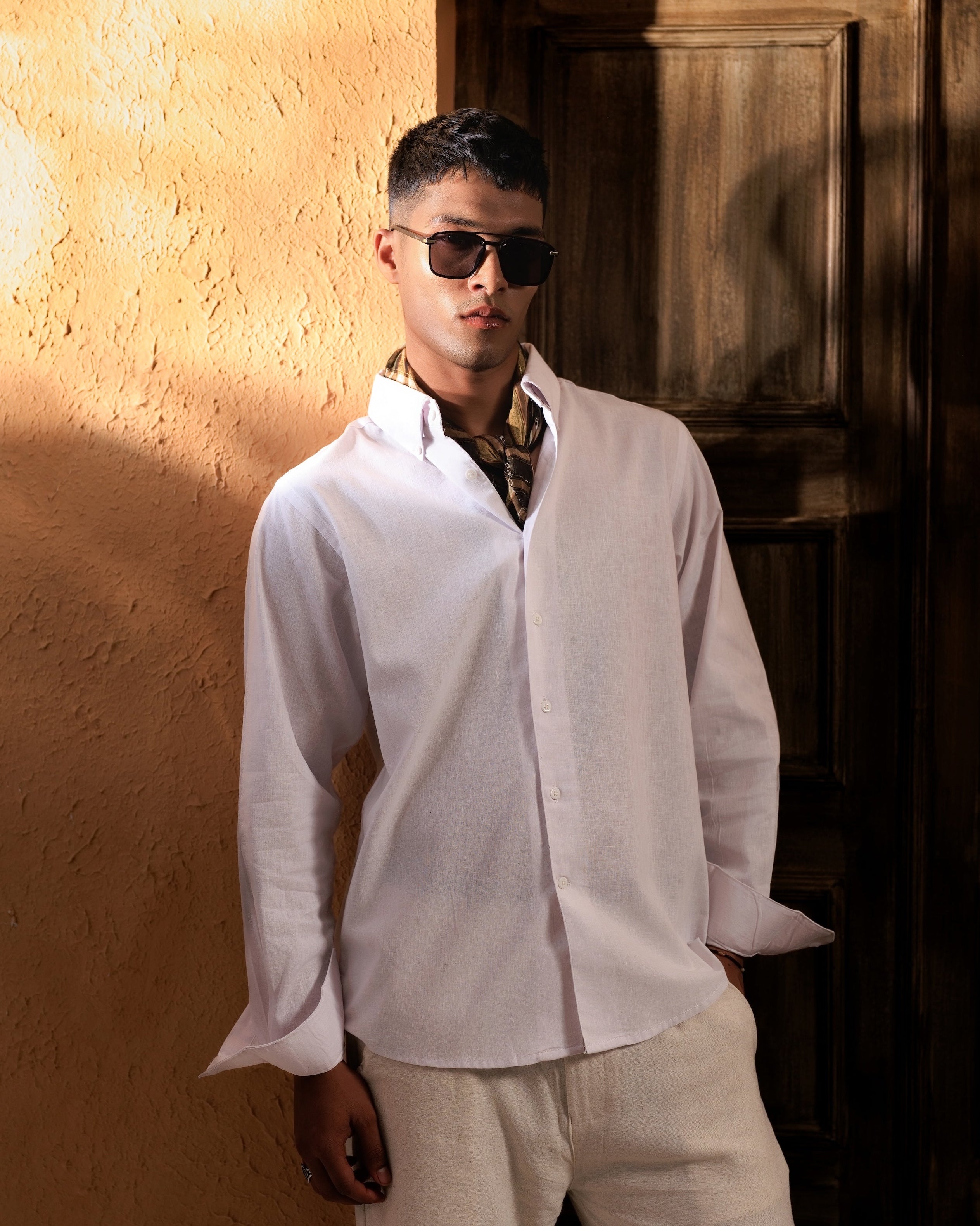 Italian Collar Linen Shirt - White