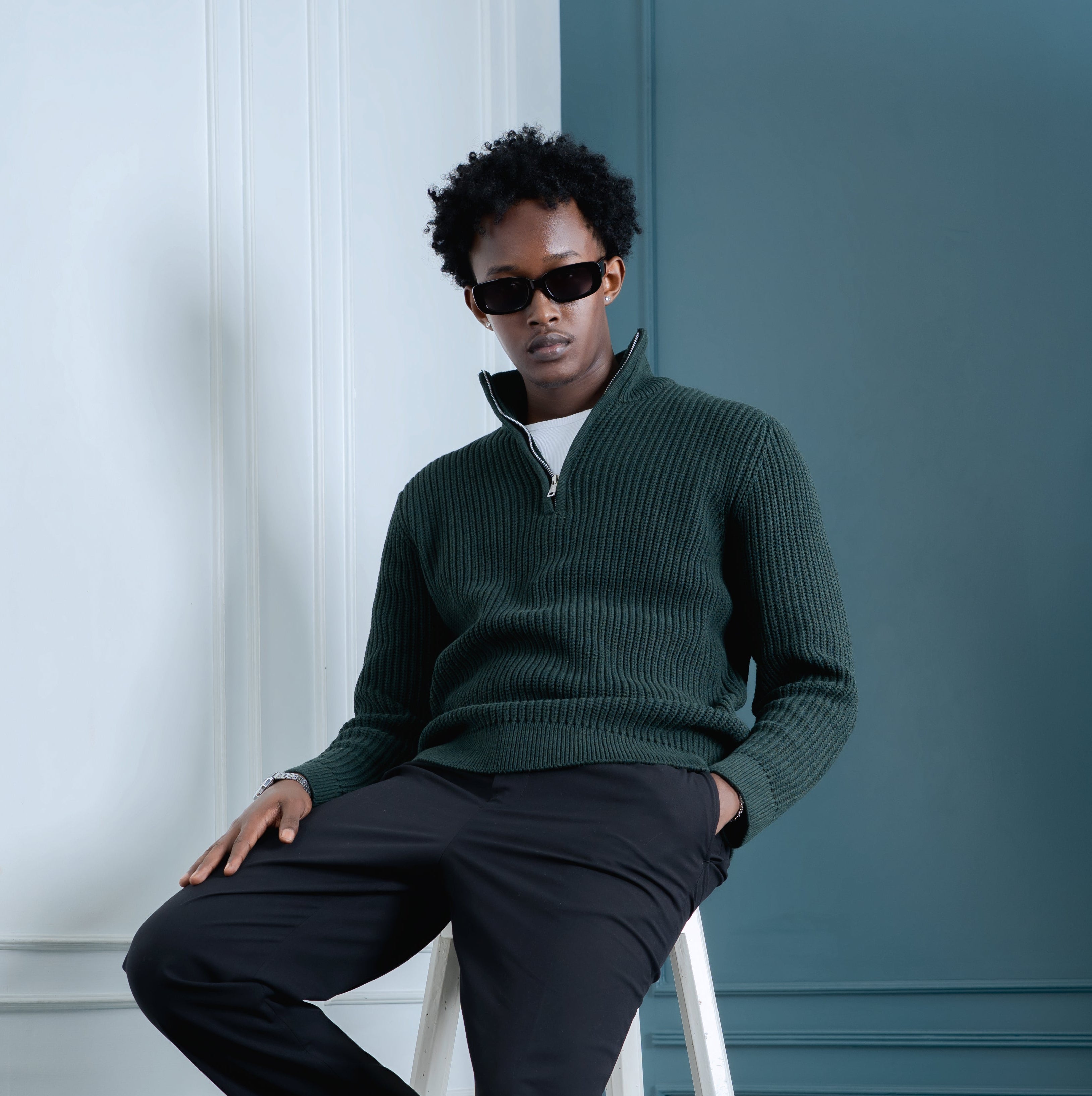 Half-Zip Knit Sweater- Green Forest