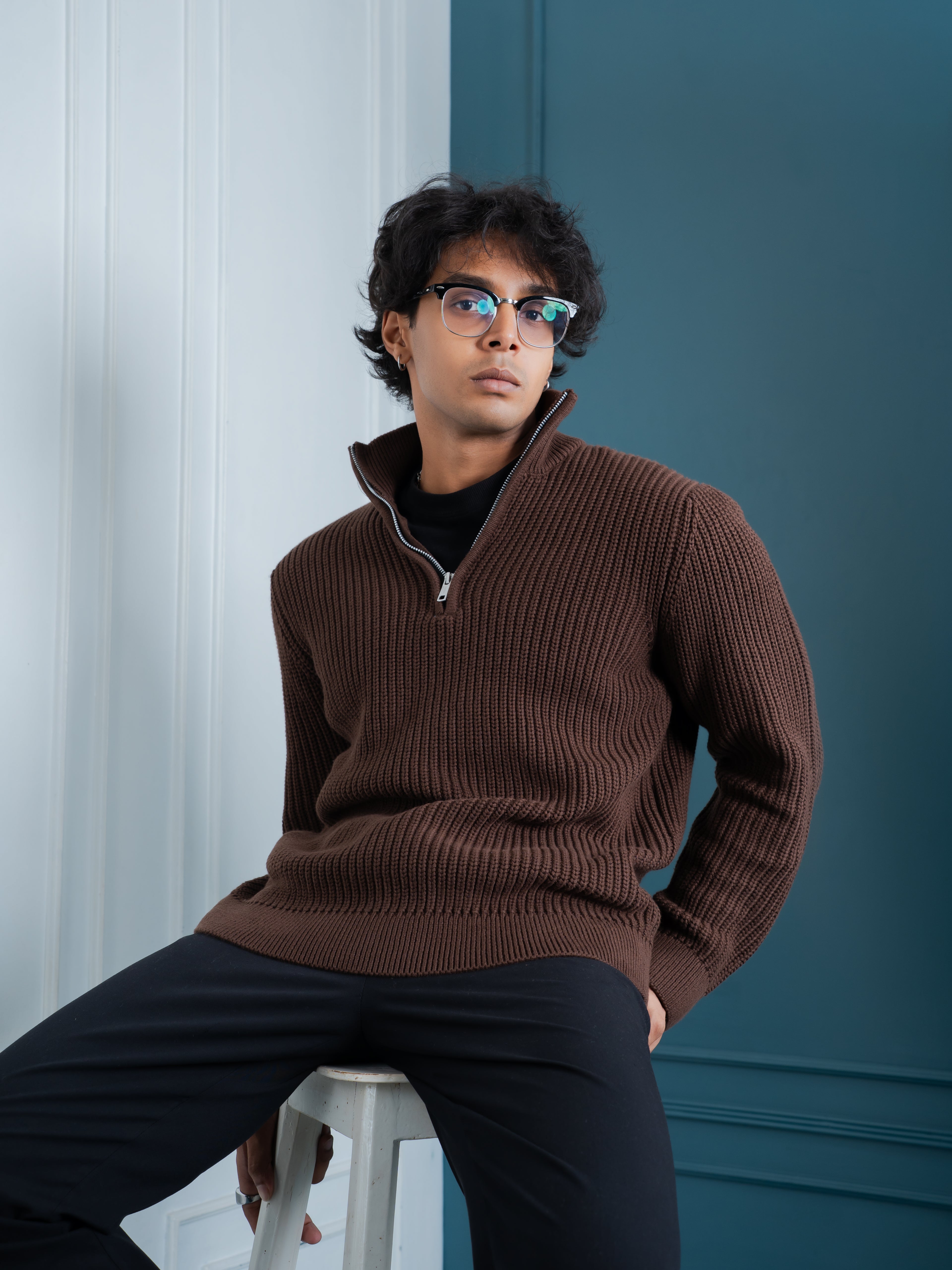 Half-Zip Knit Sweater- Mocha Brown