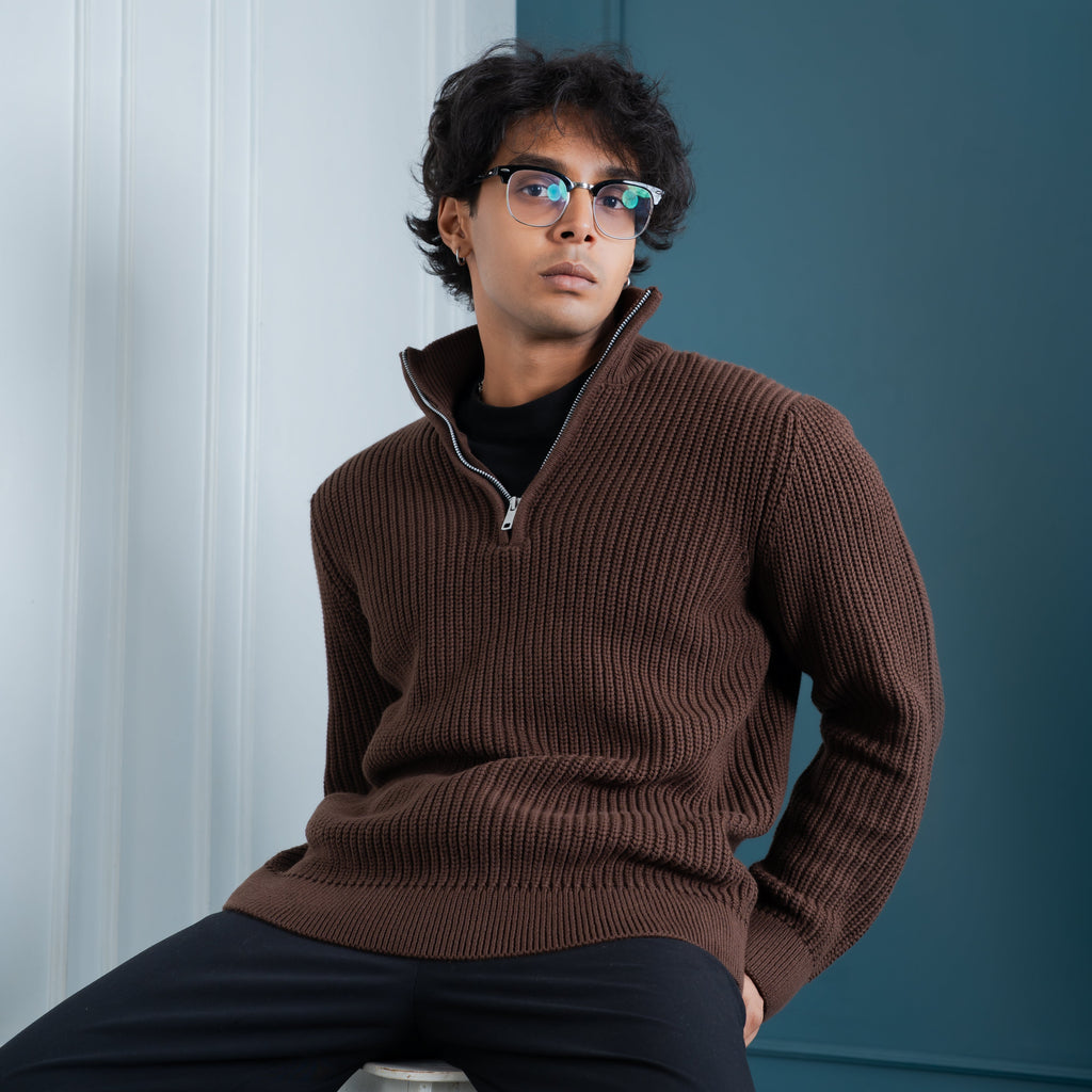 Half-Zip Knit Sweater- Mocha Brown