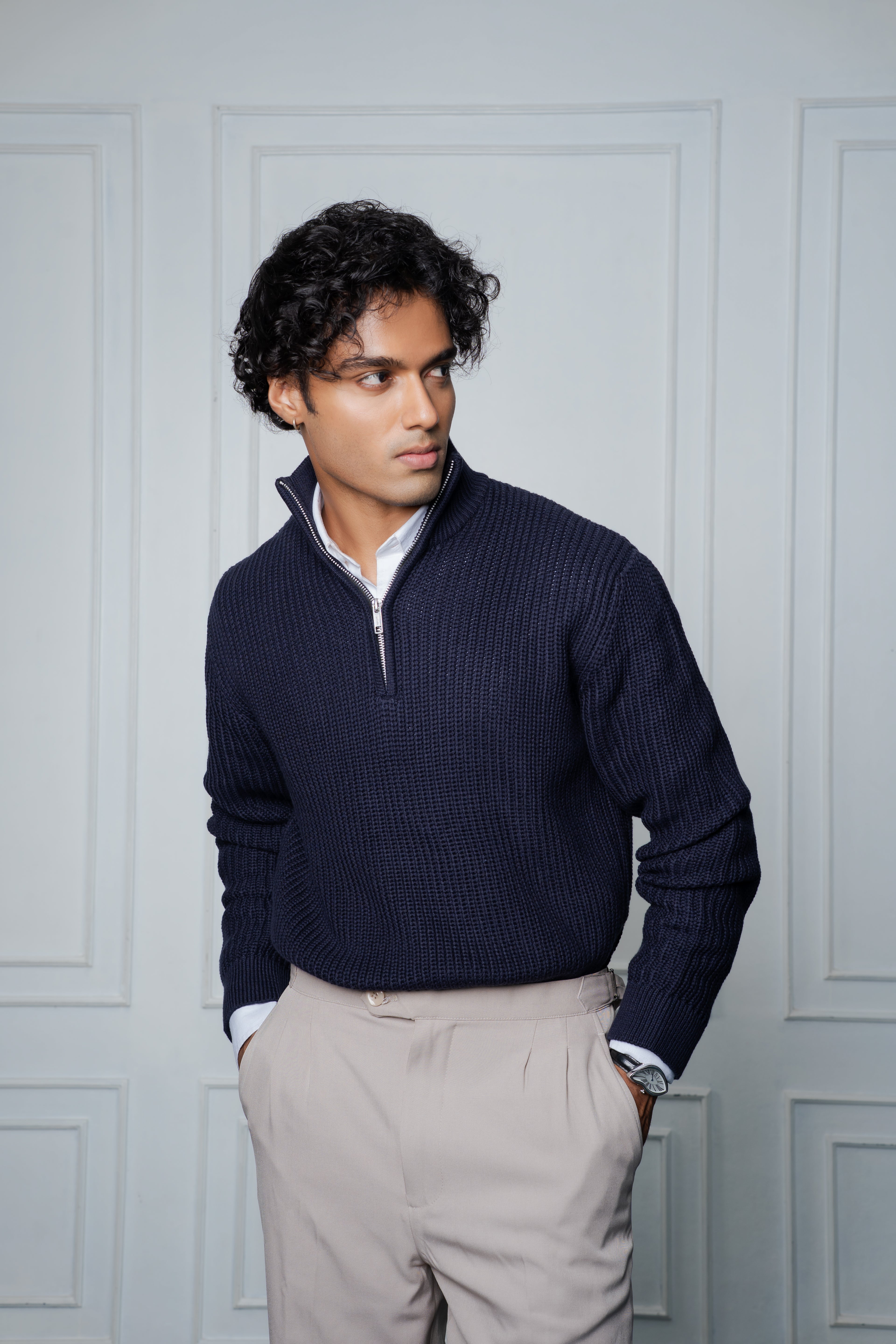 Half-Zip Knit Sweater- Steel Blue