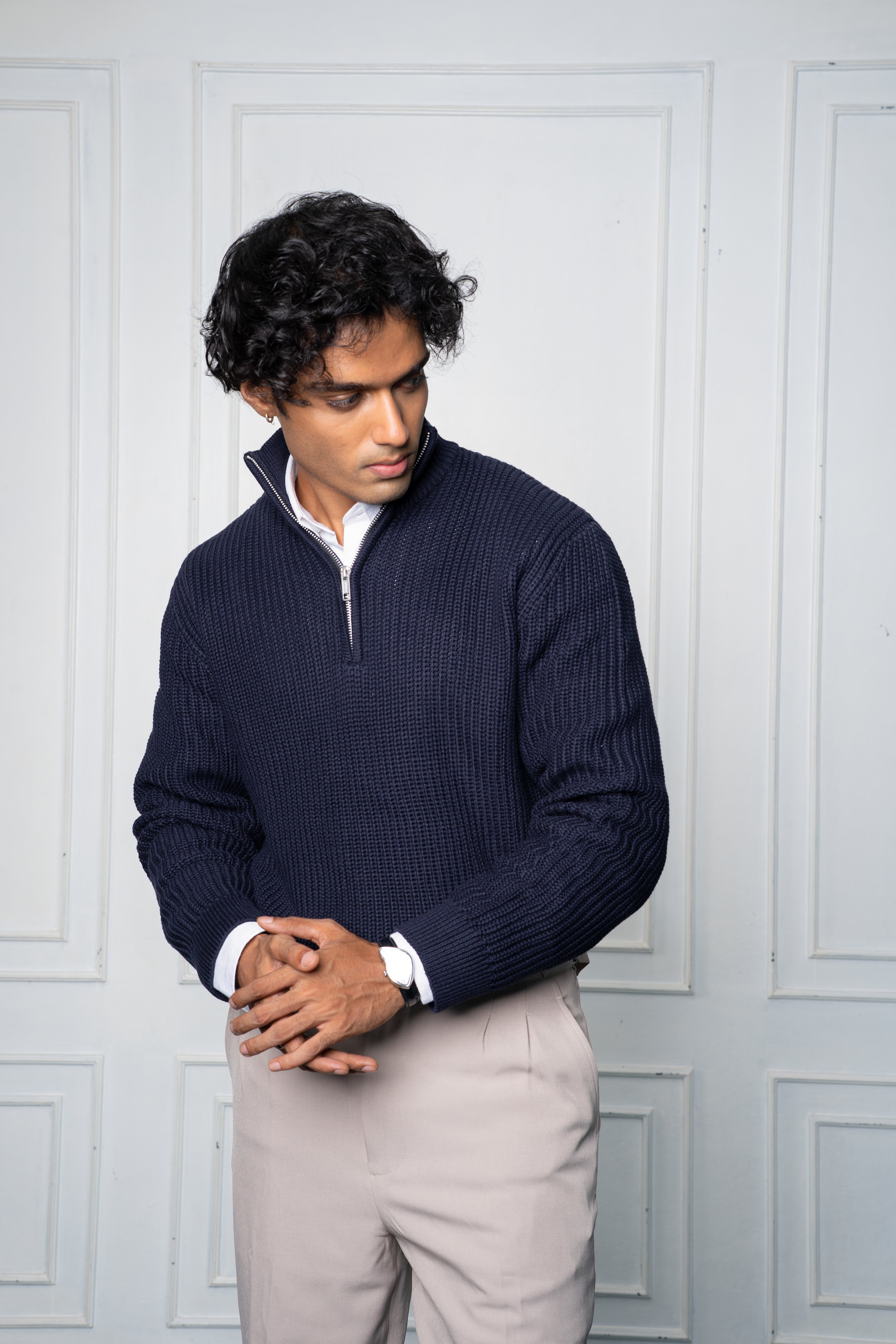 Half-Zip Knit Sweater- Steel Blue