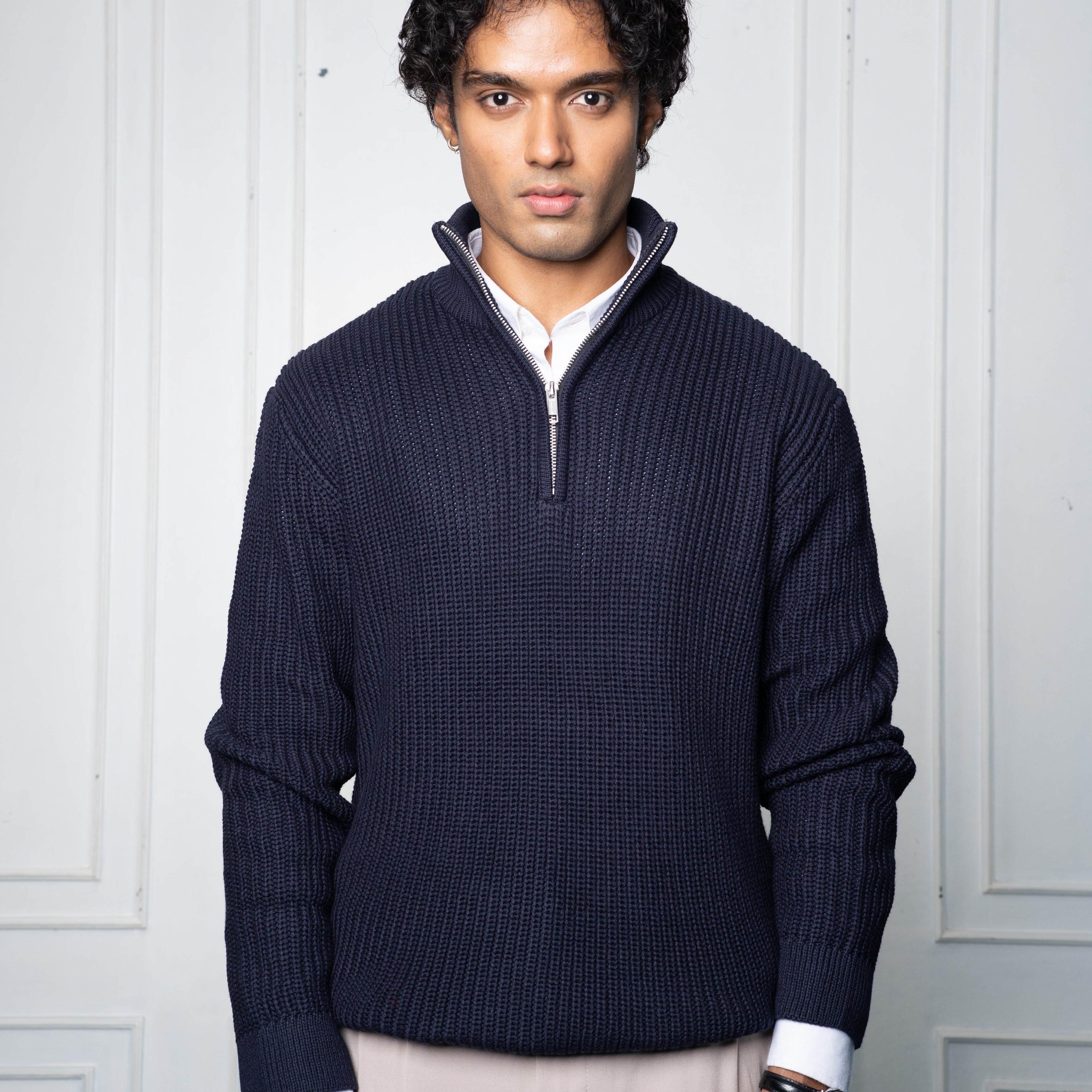 Half-Zip Knit Sweater- Steel Blue