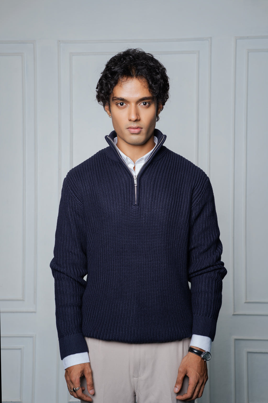 Half-Zip Knit Sweater- Steel Blue
