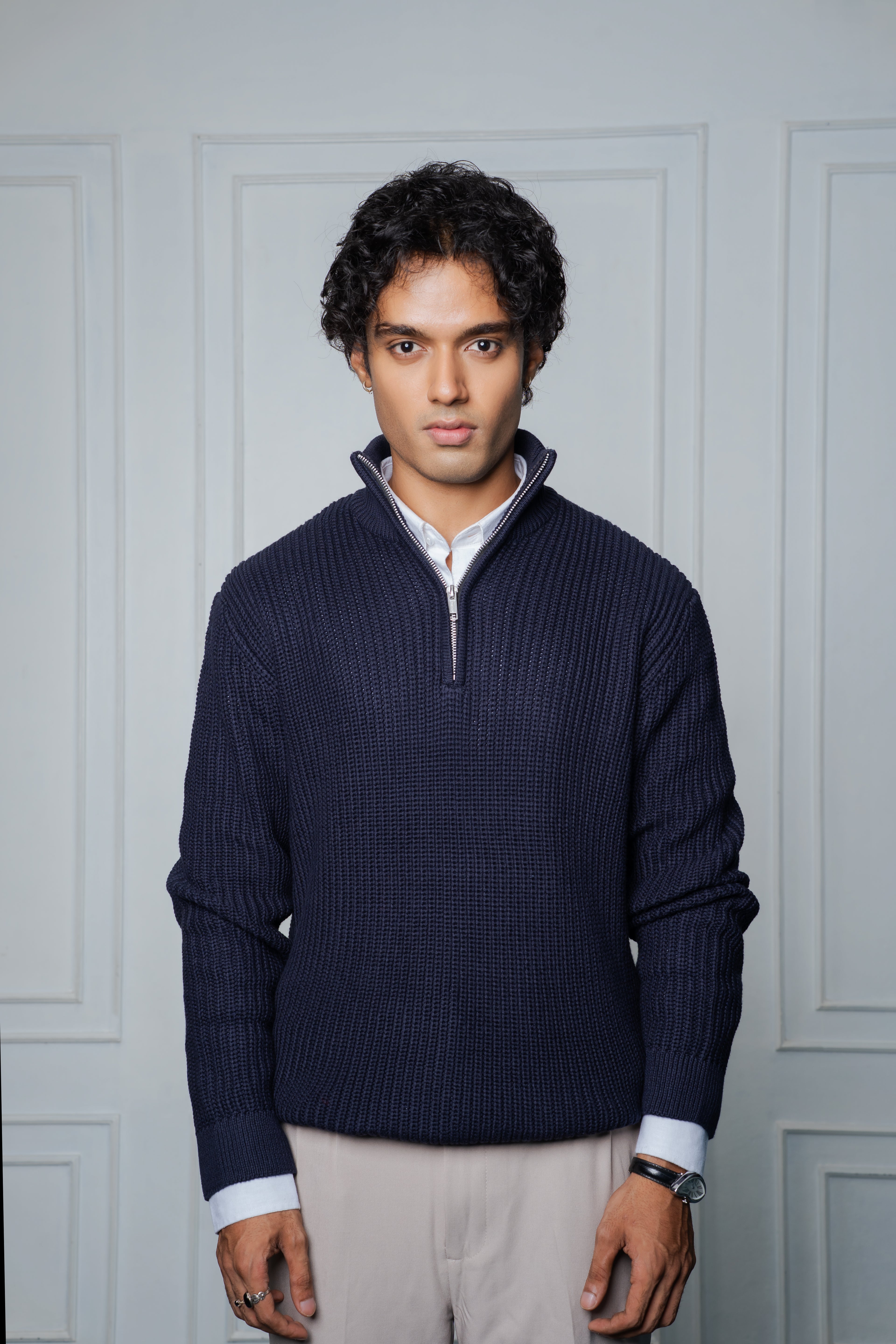 Half-Zip Knit Sweater- Steel Blue