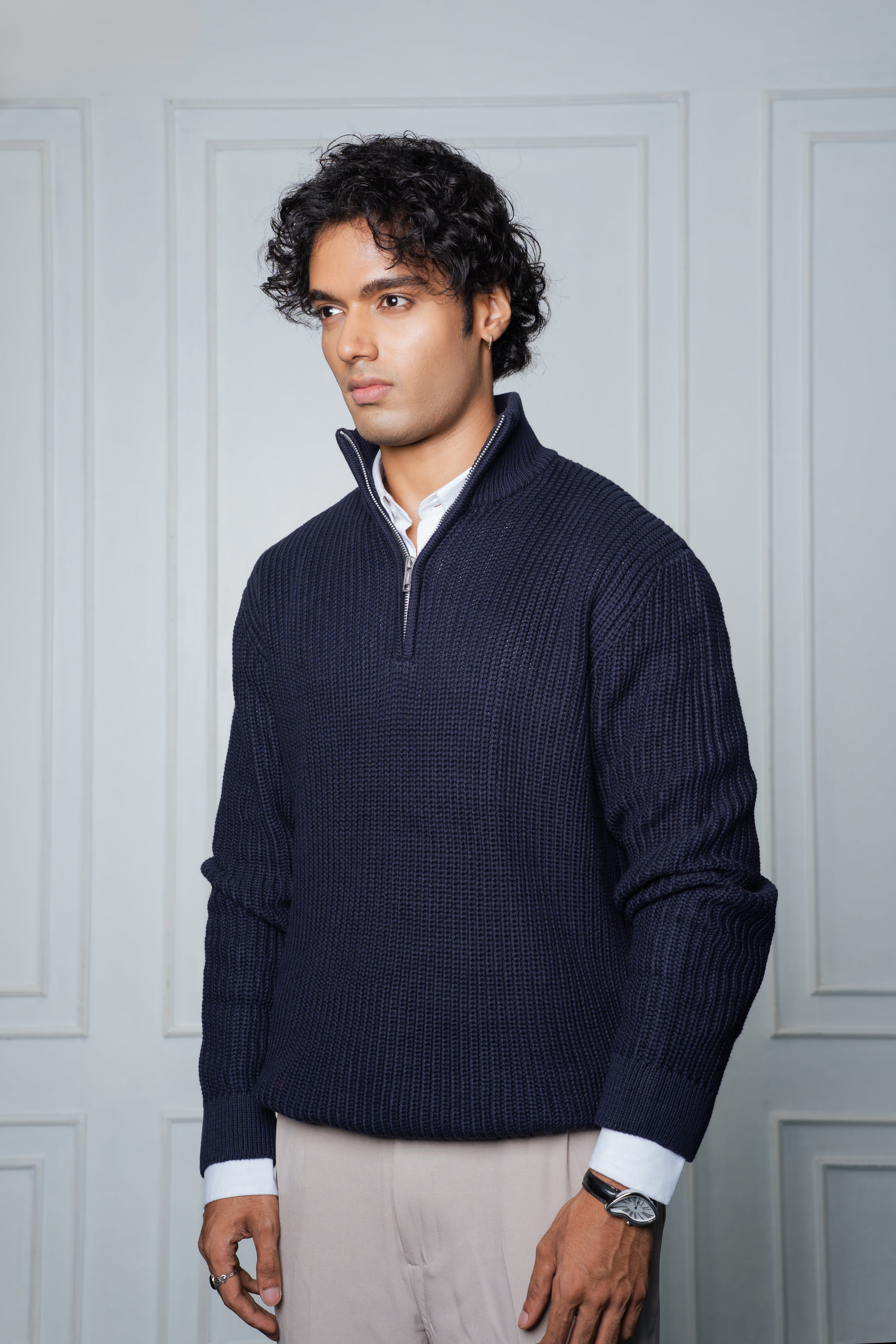 Half-Zip Knit Sweater- Steel Blue