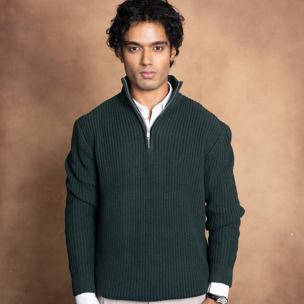 Half-Zip Knit Sweater- Green Forest