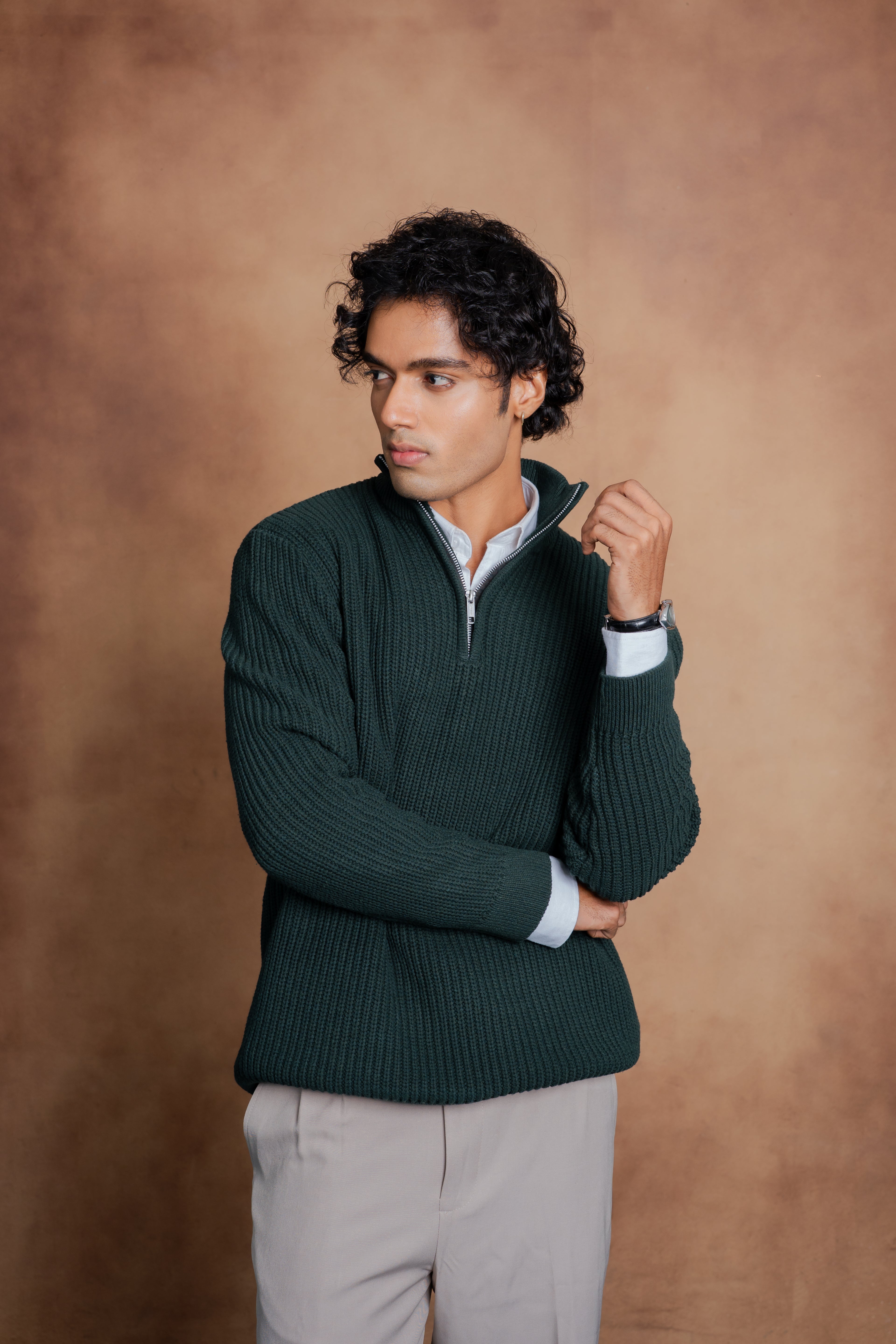 Half-Zip Knit Sweater- Green Forest