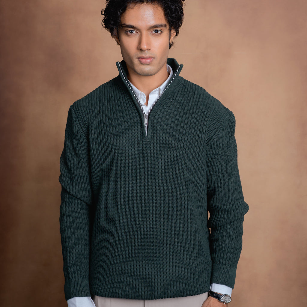 Half-Zip Knit Sweater- Green Forest