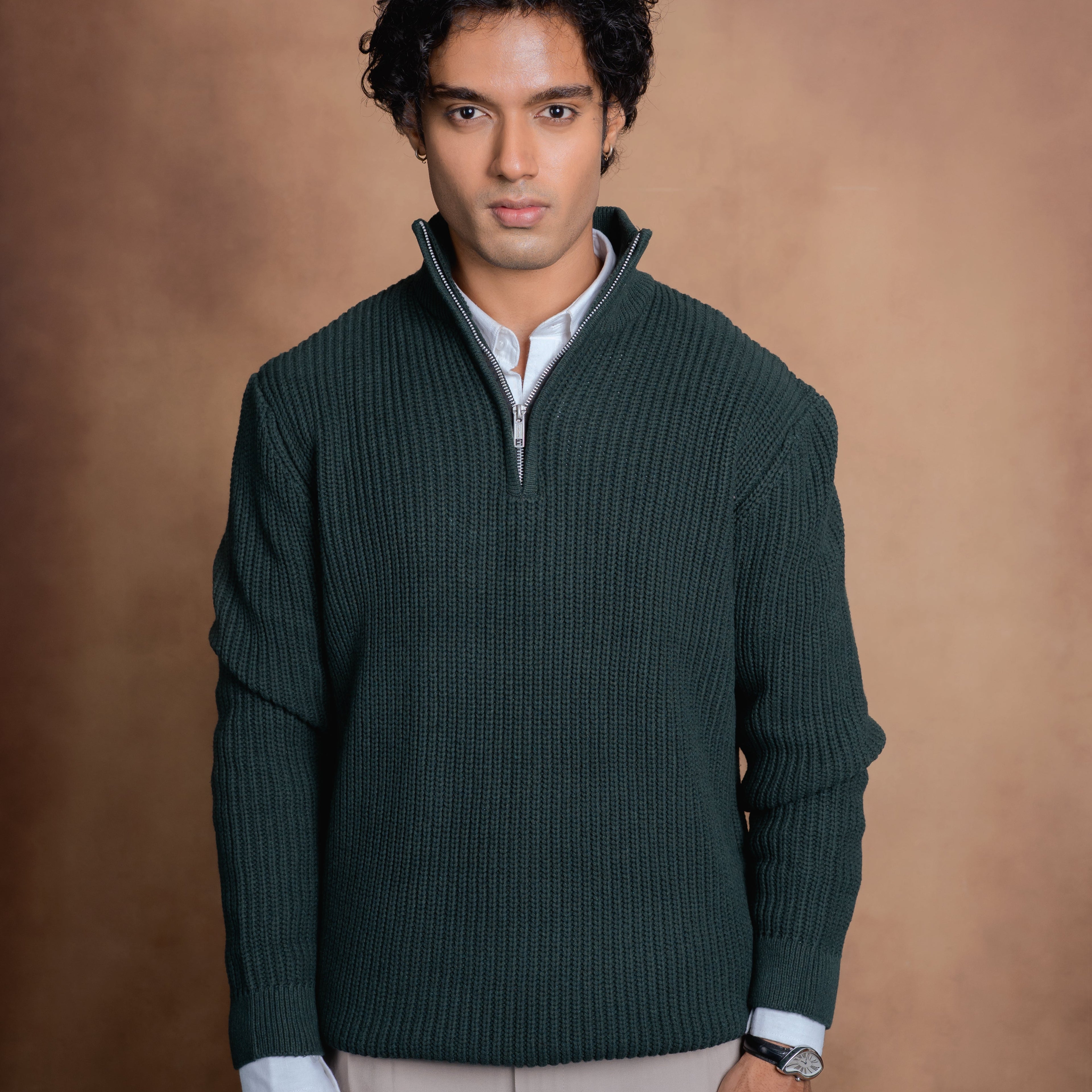 Half-Zip Knit Sweater- Green Forest