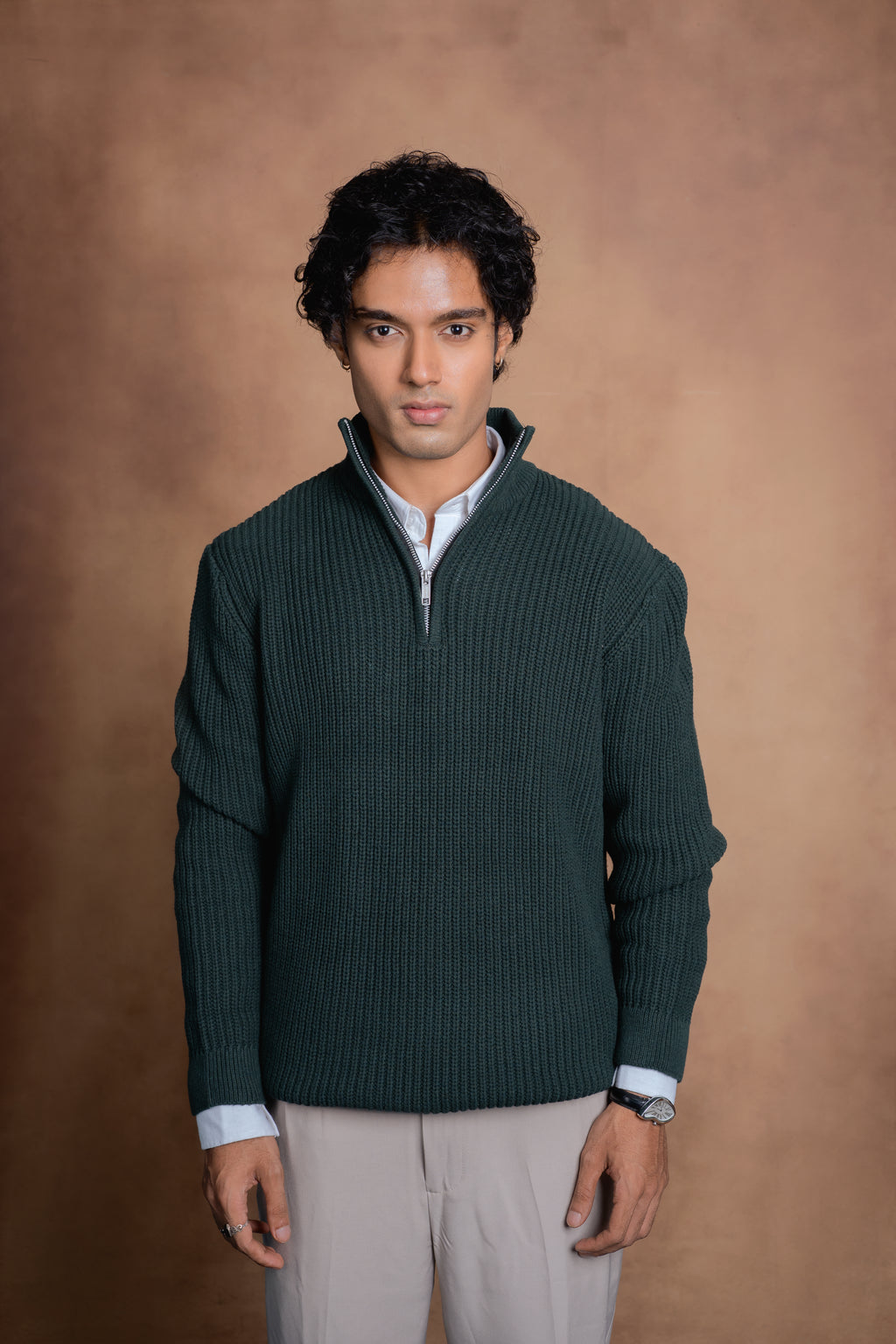 Half-Zip Knit Sweater- Green Forest